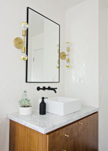 Black White Walnut Bathroom With Black Faucet Brass Sconces with size 2000 X 2800