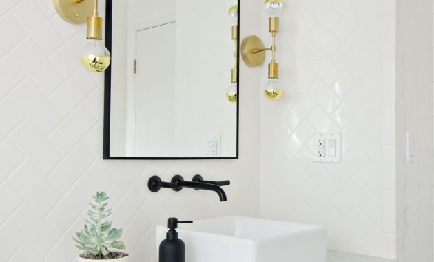 Black White Walnut Bathroom With Black Faucet Brass Sconces with size 2000 X 2800