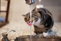 Cat Drinking Water From Faucet On Kitchen Counter At Home Stock with regard to size 1200 X 858