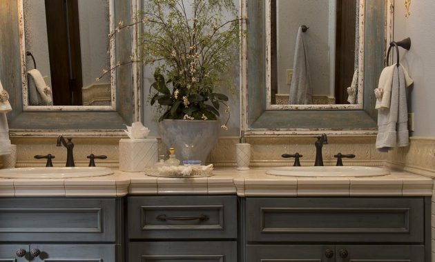 French Country Bathroom Gray Washed Cabinets Mirrors With Painted regarding sizing 980 X 1470