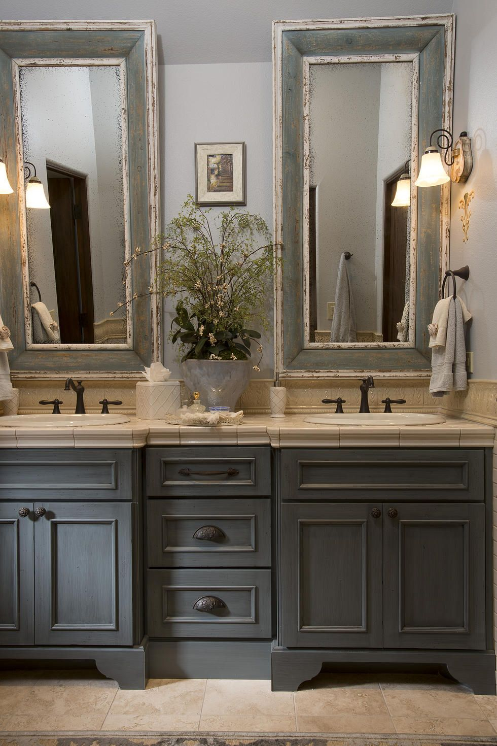 French Country Bathroom Gray Washed Cabinets Mirrors With Painted regarding sizing 980 X 1470