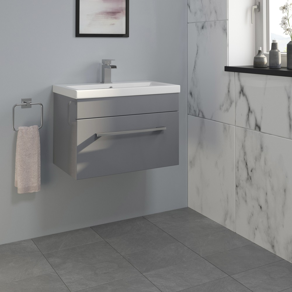 Aurora Grey Gloss Wall Hung Drawer Vanity Unit Basin 600mm Width with measurements 1000 X 1000