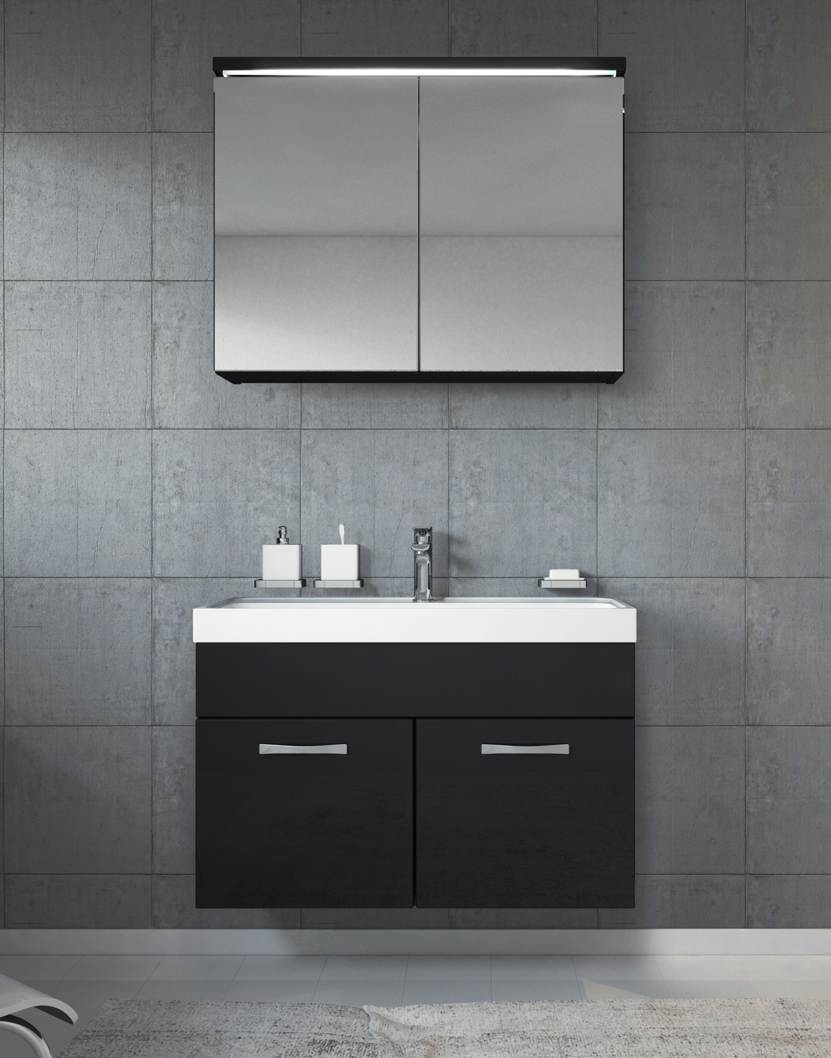 Bathroom Cabinet Paso 02 80cm Basin Black High Gloss Mirror within measurements 1178 X 1500
