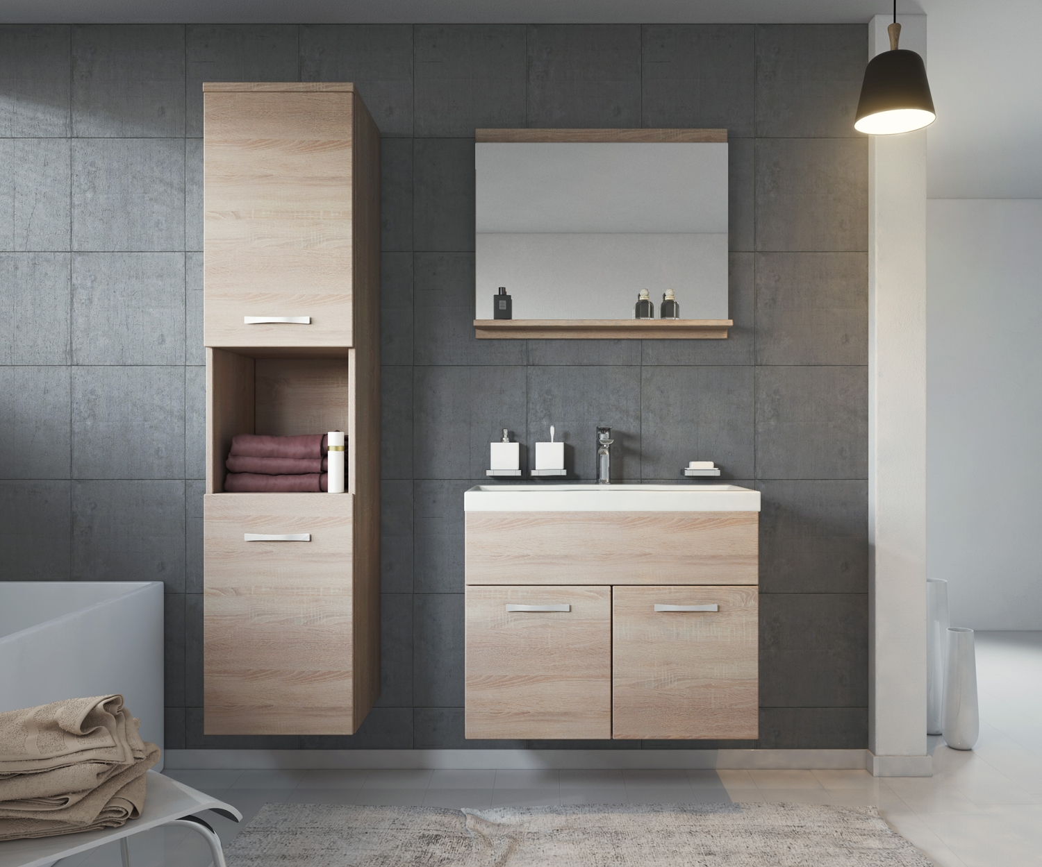 Bathroom Furniture Set Montreal Light Oak 60cm Basin Cabinet in dimensions 1500 X 1249