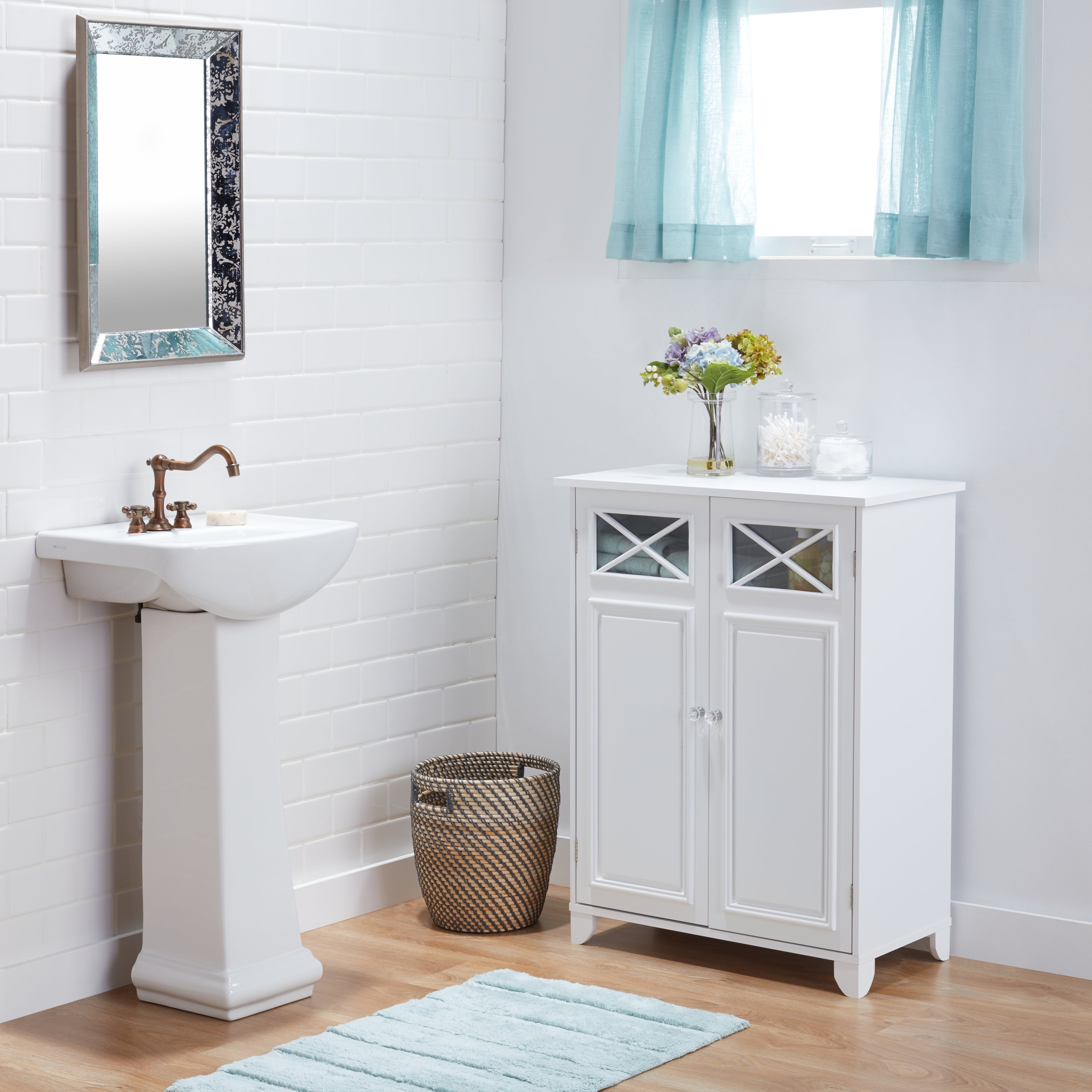 Floor Cabinets 2 Door White Glass Wood Adjustable Shelving Bathroom throughout proportions 3500 X 3500