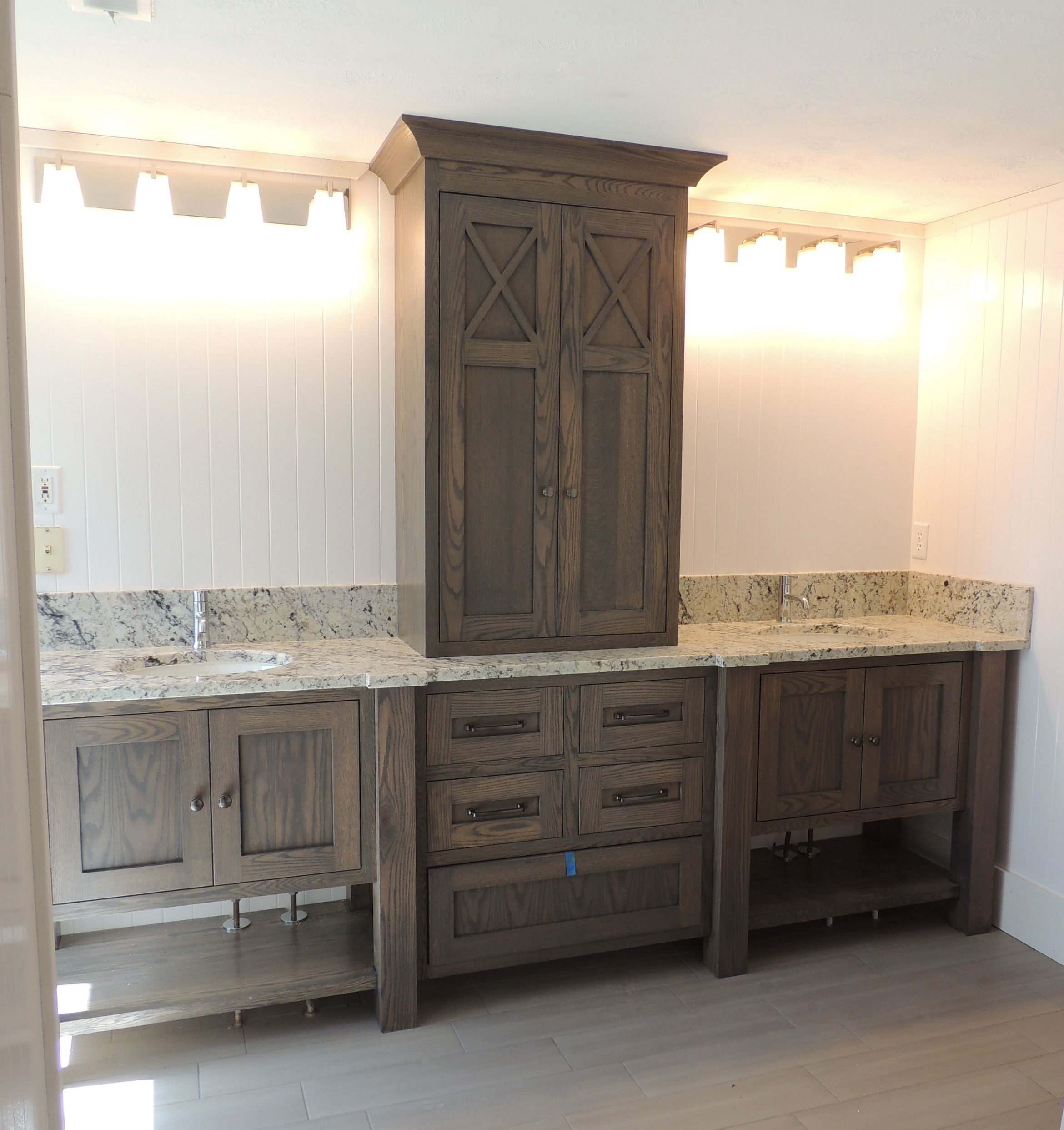 Furniture Style Bathroom Vanity In White Oak With Grey Brown Stain inside dimensions 2340 X 2484