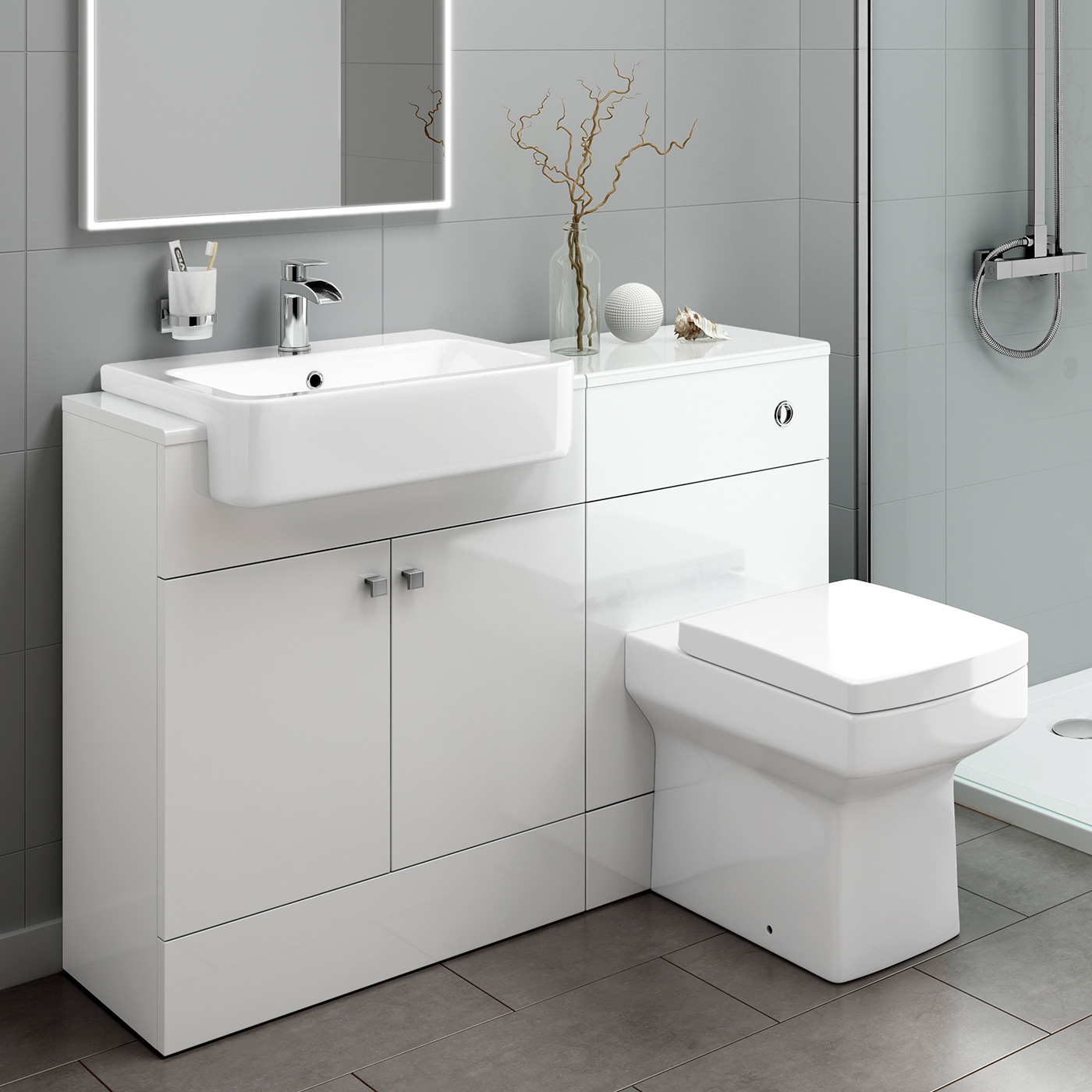 White Bathroom Vanity Storage Unit Toilet Basin Back To Wall for dimensions 1400 X 1400