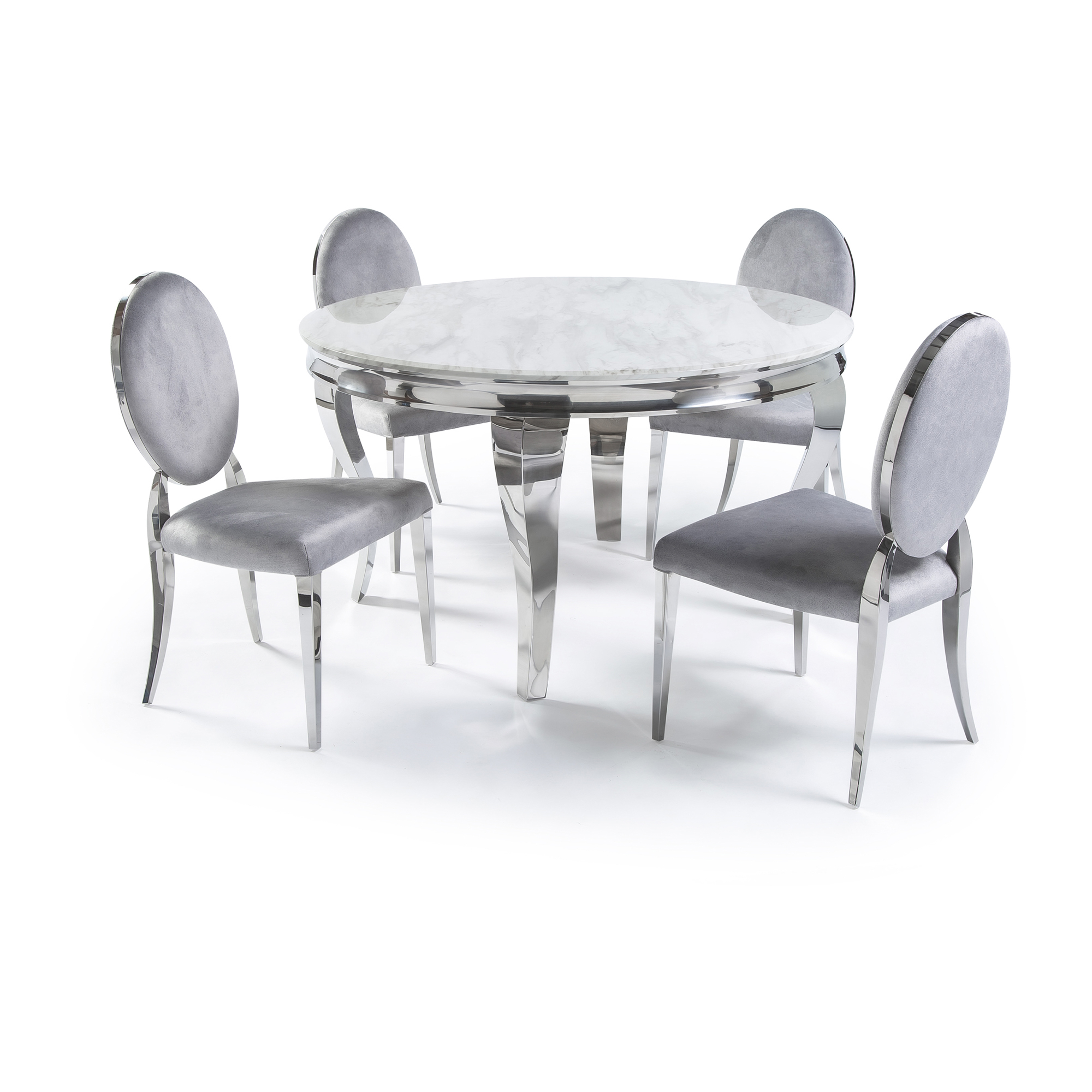 13m Circular Louis Polished Steel Dining White Marble Table Set With 4 Louis Grey Brushed Velvet Dining Chair pertaining to proportions 2000 X 2000