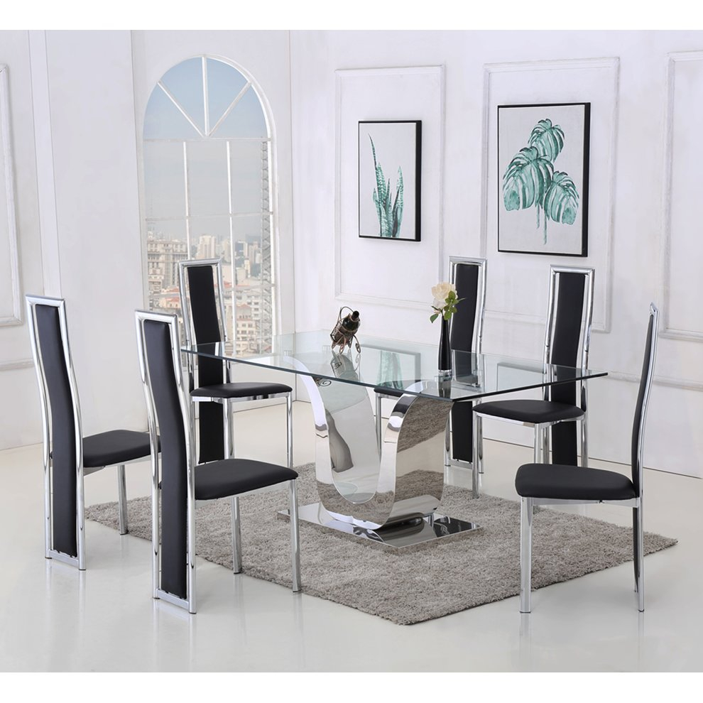 Alexandria Glass And Chrome 180 Cm Dining Table And 8 Black Elsa Chairs Set pertaining to dimensions 990 X 990