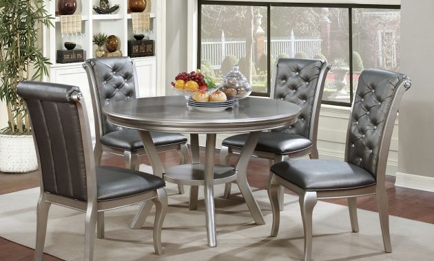 Amina Contemporary Style Champagne Finish 5 Pc Finish Round Dining Table W Silver Finish Chairs pertaining to proportions 1600 X 1371