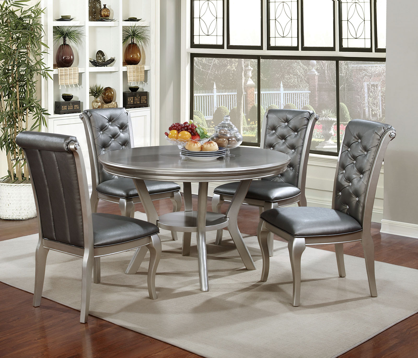 Amina Contemporary Style Champagne Finish 5 Pc Finish Round Dining Table W Silver Finish Chairs pertaining to proportions 1600 X 1371