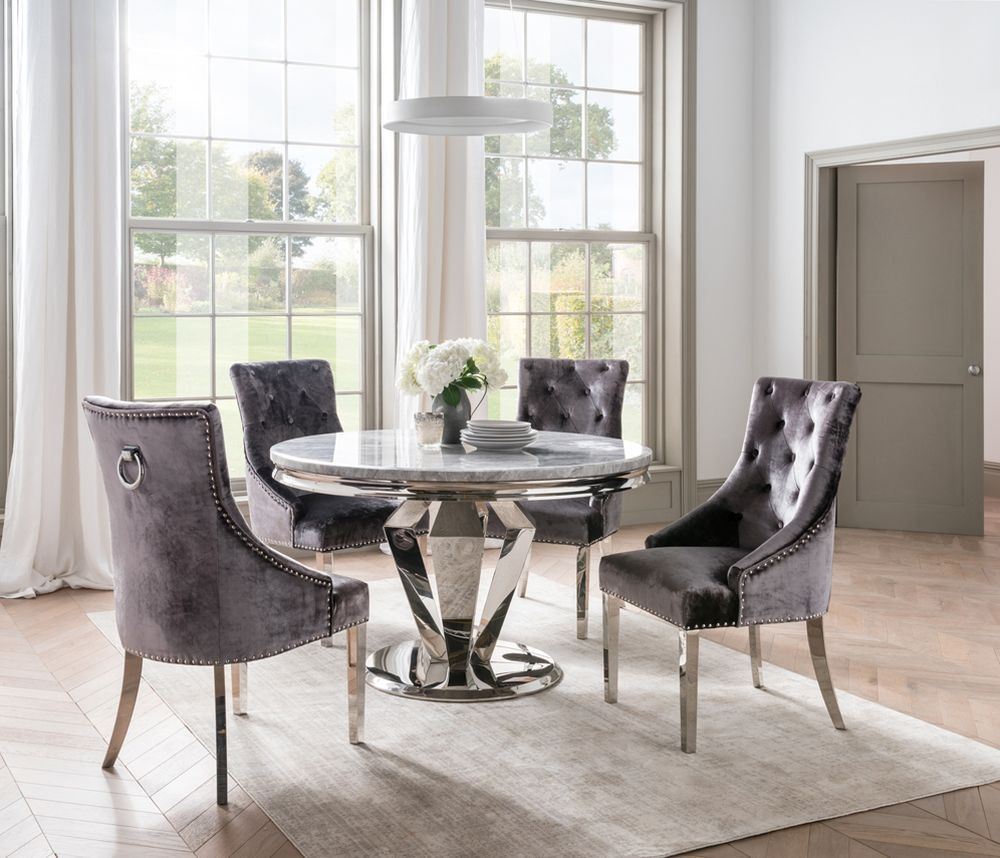 Arturo Grey Marble Stainless Steel Round Dining Table With 4 Dk Grey Velvet Chairs 1300mm within proportions 1000 X 858