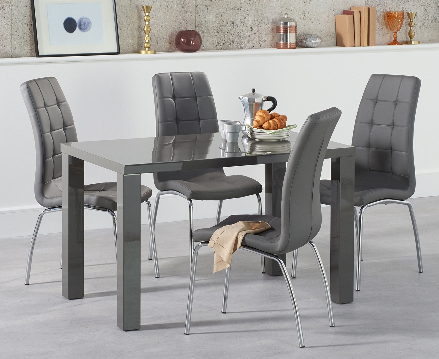 Atlanta 120cm Dark Grey High Gloss Dining Table With Calgary Chairs Brown 4 Chairs pertaining to size 1466 X 1200