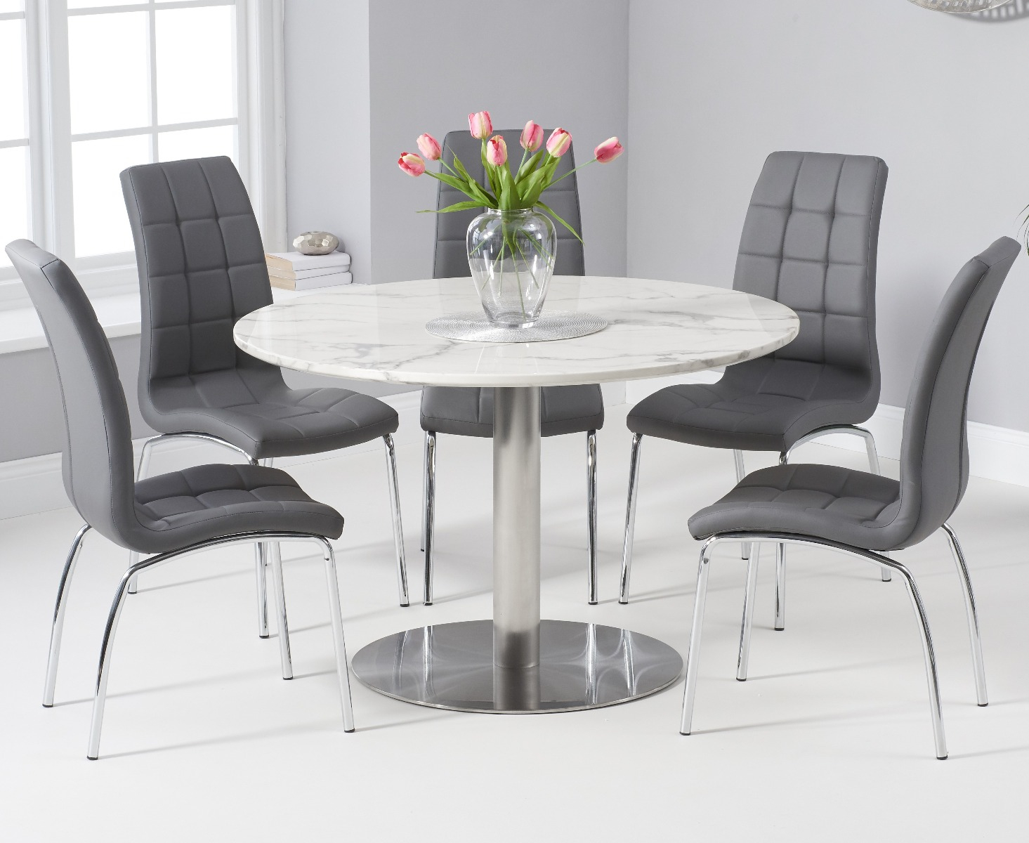 Bali 120cm Round White Marble Dining Table With Calgary Dining Chairs intended for dimensions 1465 X 1200