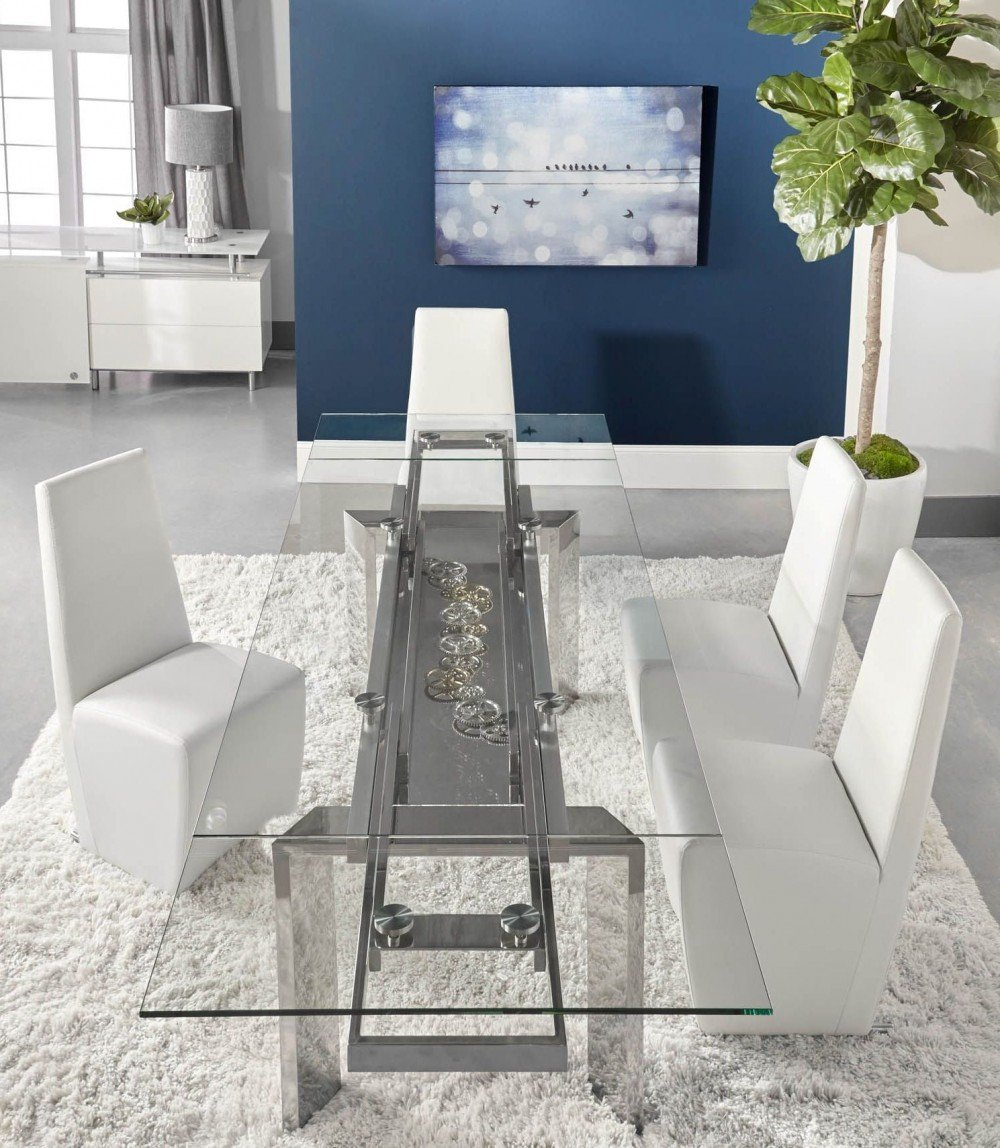 Chrono Stainless Steel Extendable Dining Room Set With Ritz Tobi White Synthetic Leather Dining Chair with dimensions 1000 X 1148