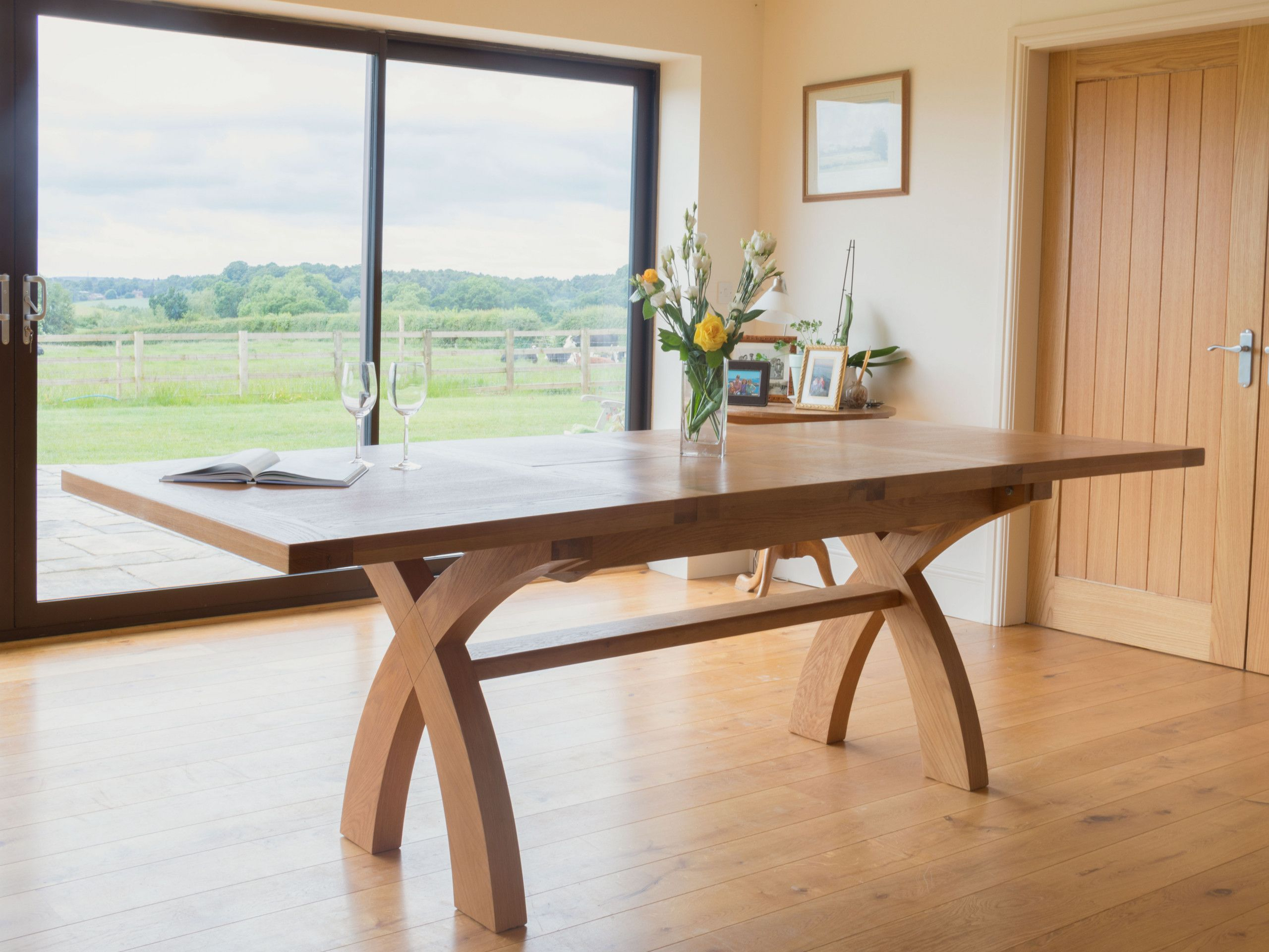 Country Oak 28m X Leg Double Extending Large Dining Table in size 2560 X 1920