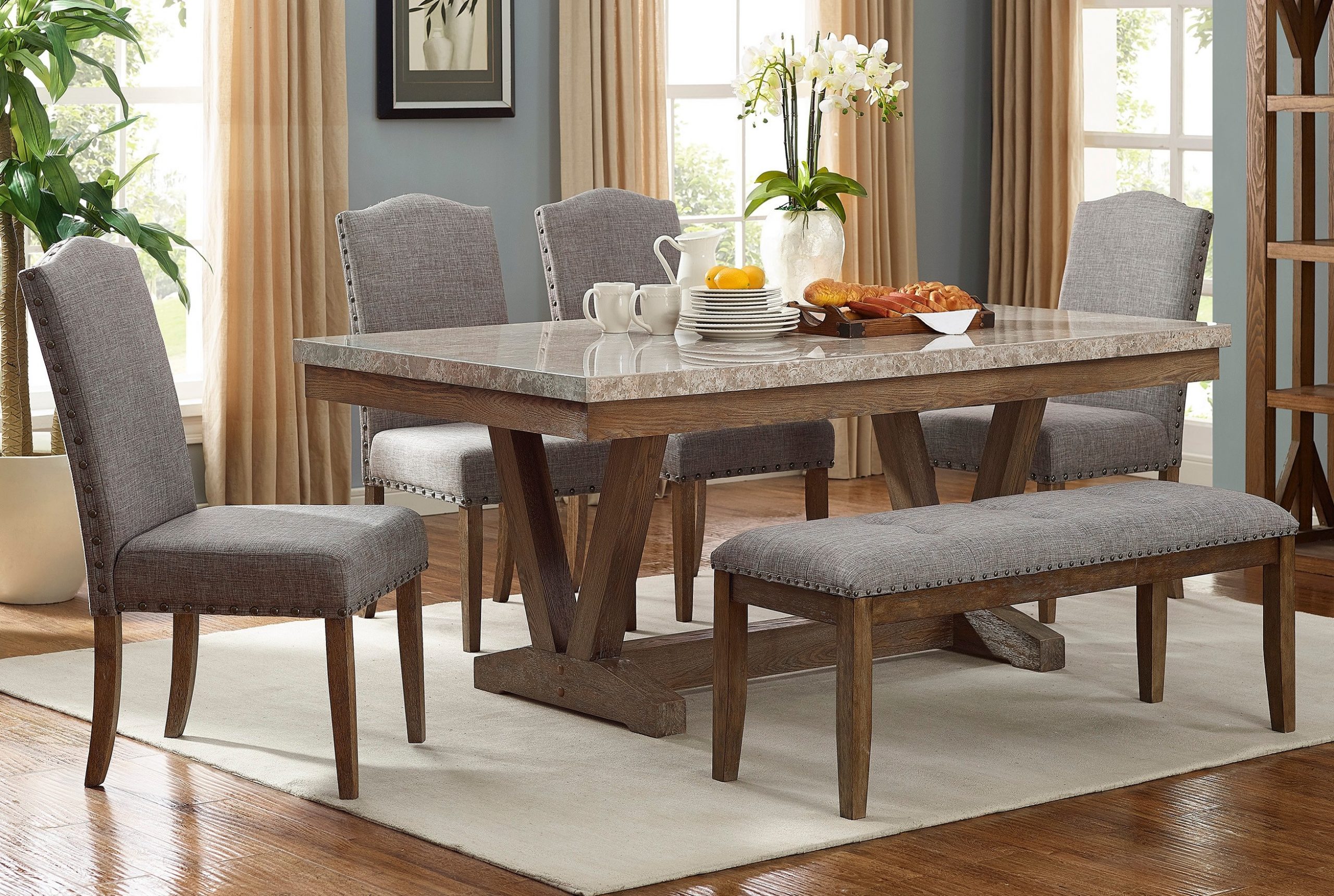 Crown Mark Vesper Rectangular Marble Dining Set In Brown throughout dimensions 2618 X 1759