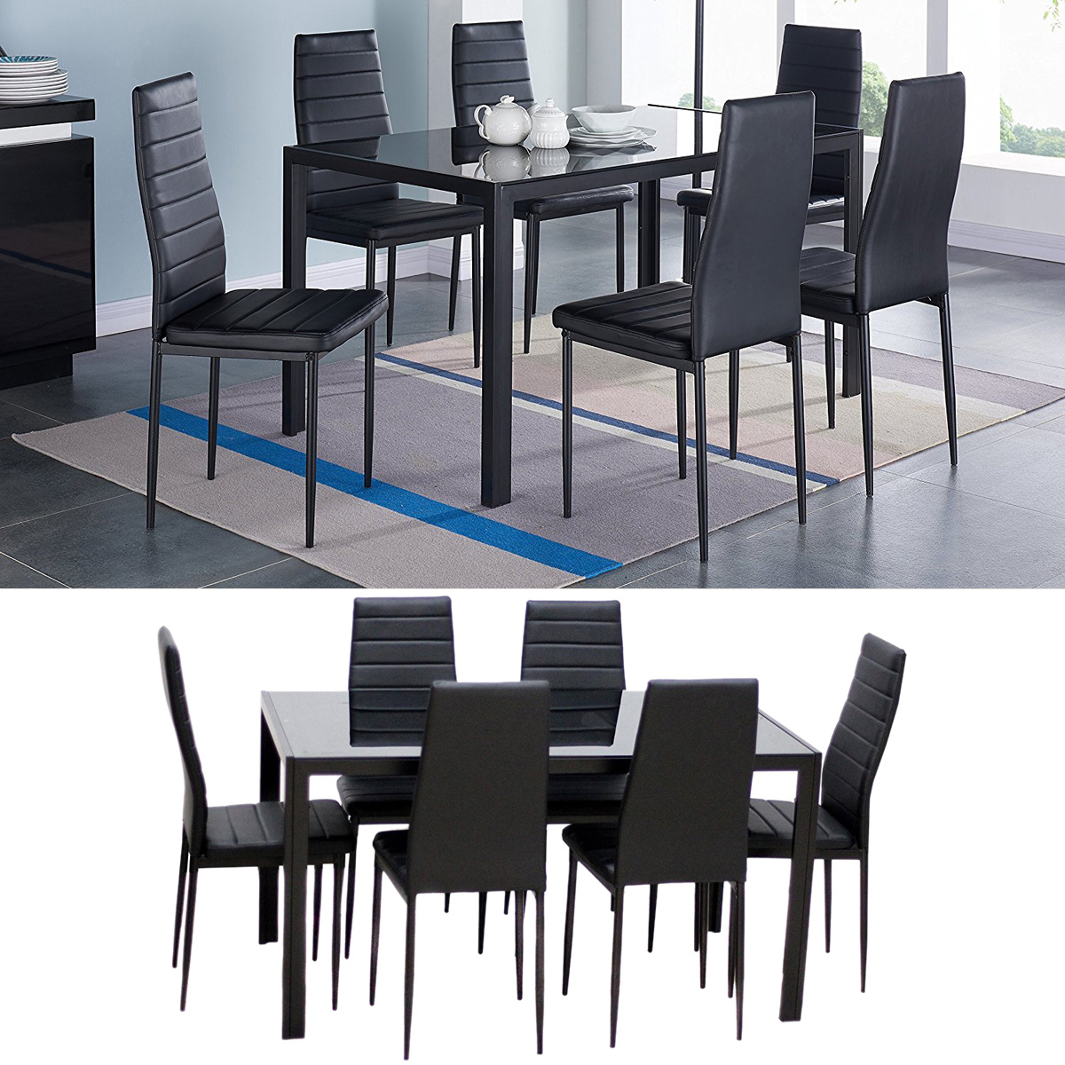 Details About 7 Pieces Black Glass Dining Table And 6 Chairs Faux Leather Kitchen Dinning Set in size 1200 X 1200