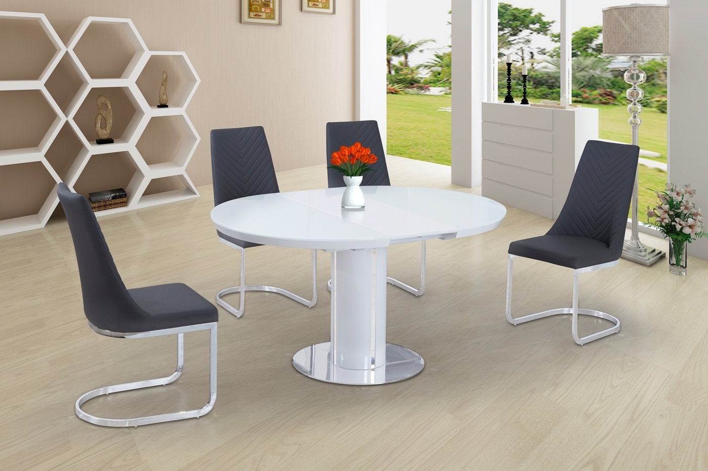 Details About Round White Glass High Gloss Dining Table And 4 Grey Chairs Set in size 1400 X 933