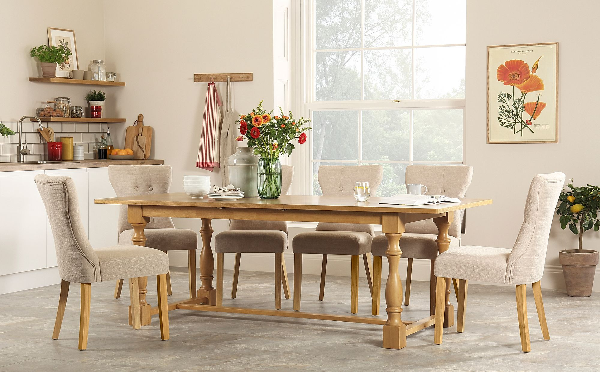 Devonshire Oak Extending Dining Table With 6 Bewley Oatmeal Chairs throughout proportions 2000 X 1240