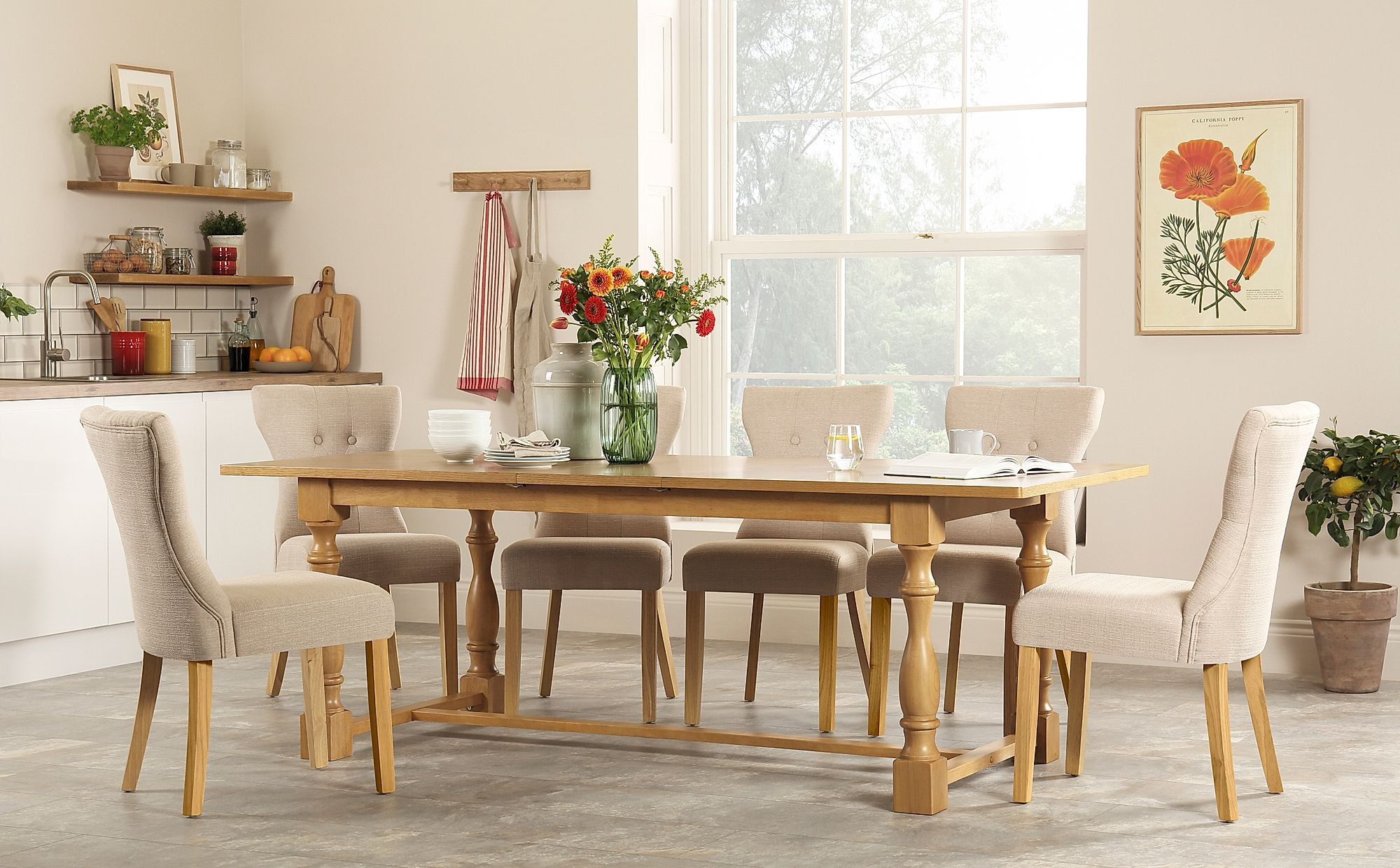 Devonshire Oak Extending Dining Table With 6 Bewley Oatmeal Chairs with regard to size 2000 X 1240
