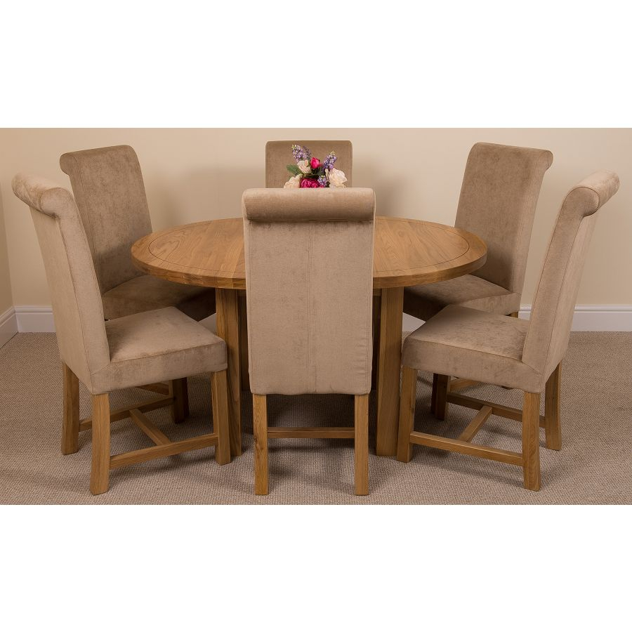 Edmonton Round Oak Dining Set With 6 Washington Beige Fabric Chairs inside size 900 X 900