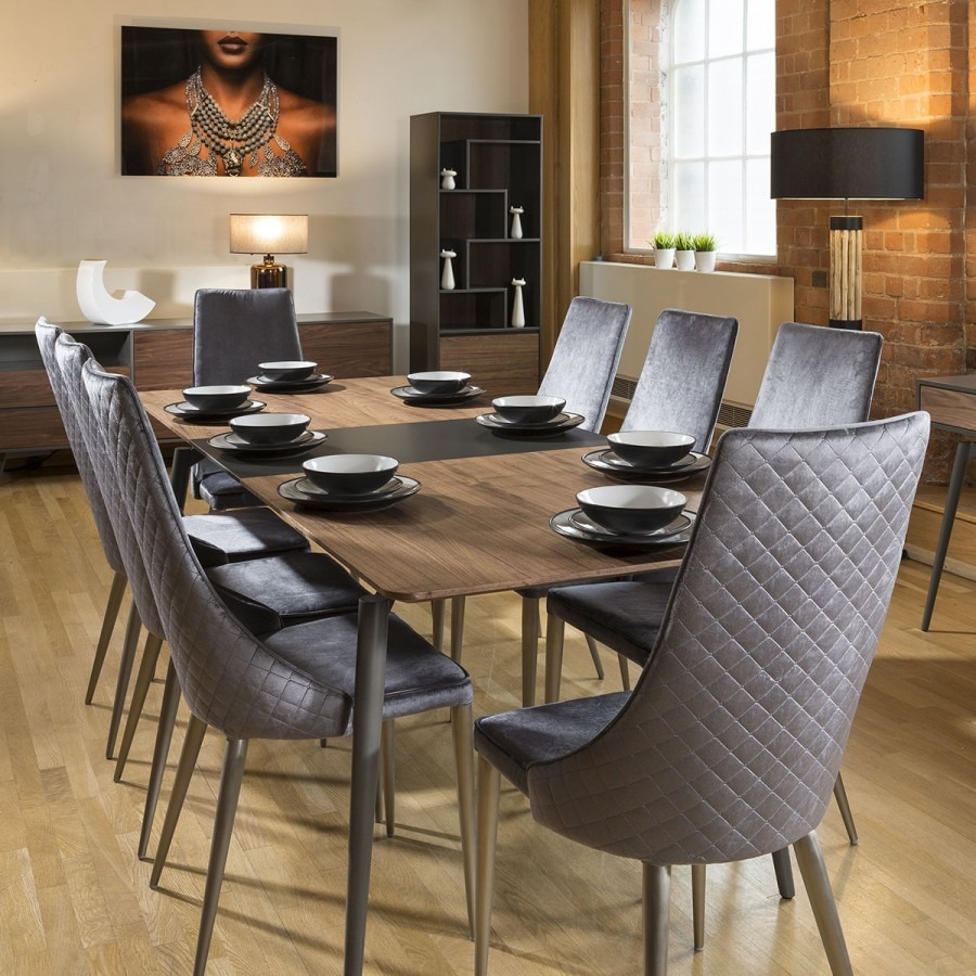 Extending Dining Table Set Walnut Grey 8 High Back Grey Chairs throughout size 900 X 900