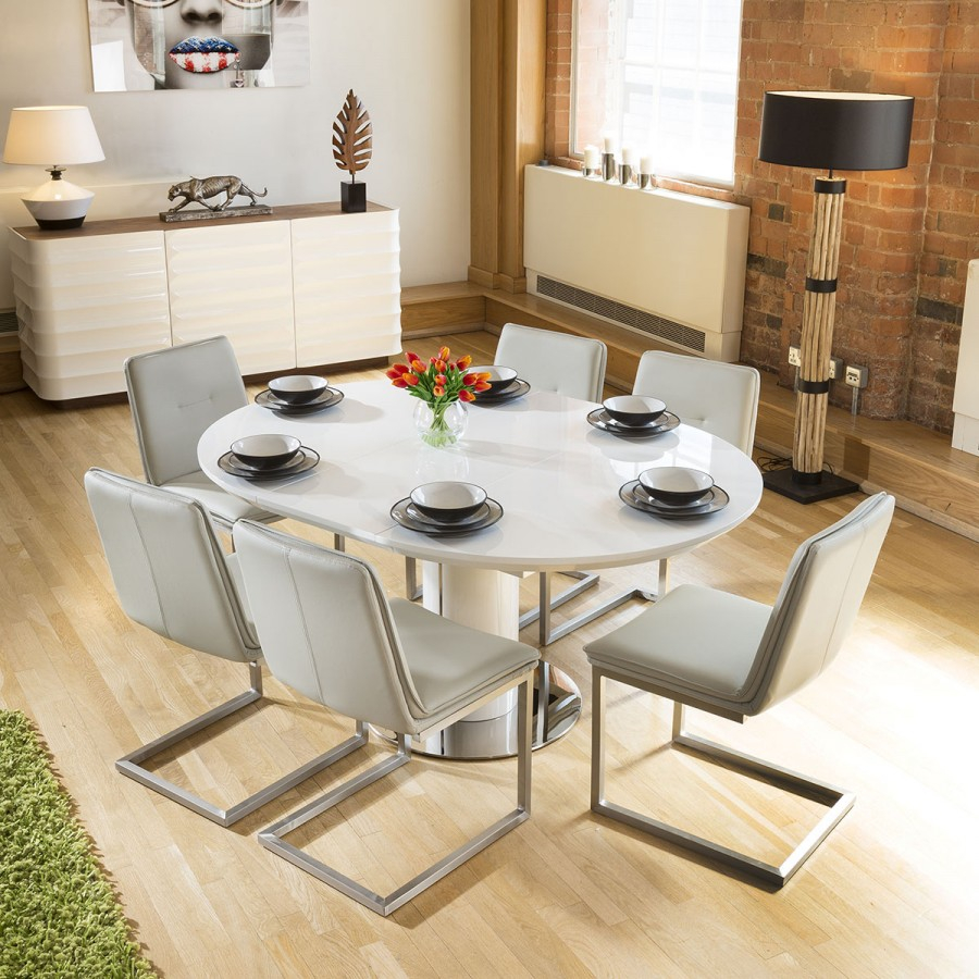 Extending Round Oval Dining Table Set White Gloss 6 Ice Grey Chairs throughout proportions 900 X 900