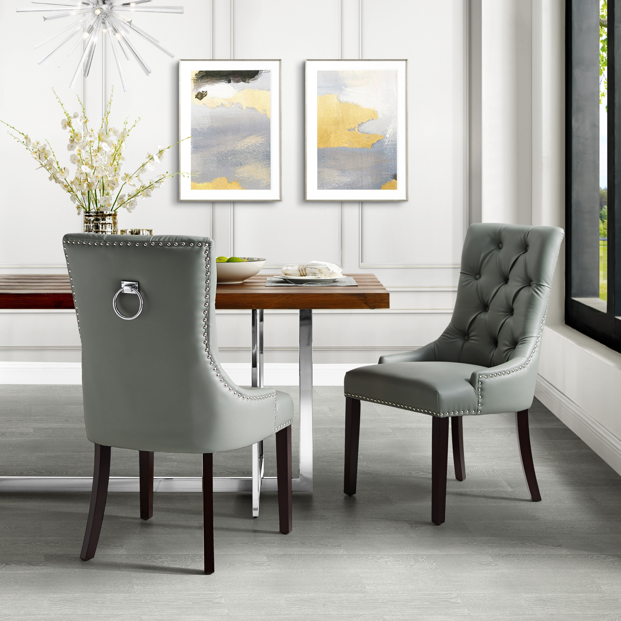 Faith Light Grey Leather Pu Dining Chair Set Of 2 Tufted Ring Handle Chrome Nailhead Finish Walmart pertaining to size 2000 X 2000
