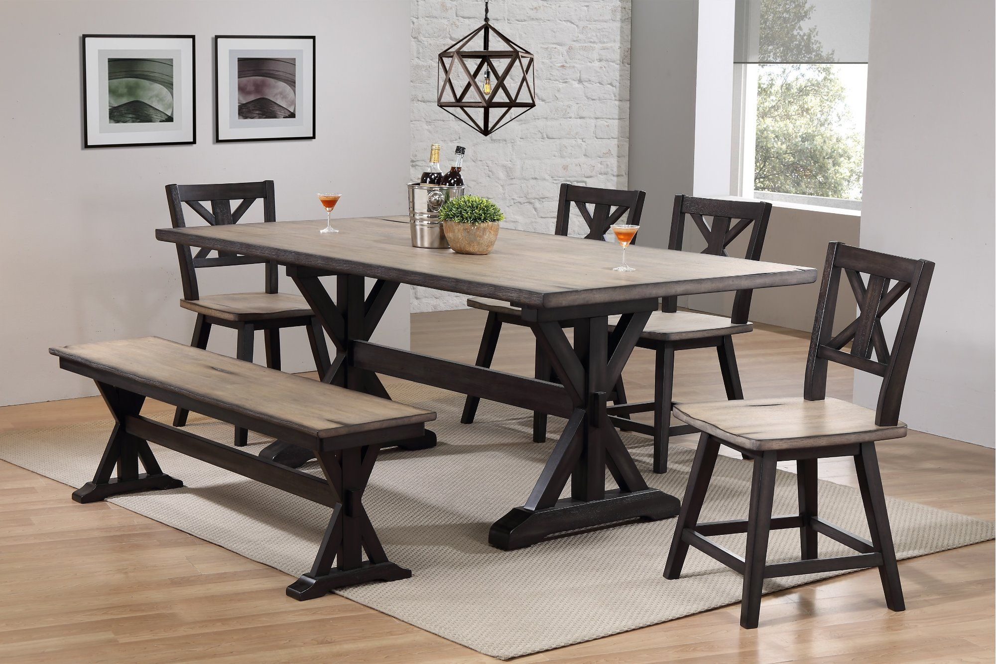 Farmhouse Sand And Black 6 Piece Dining Set With Bench with dimensions 2000 X 1333