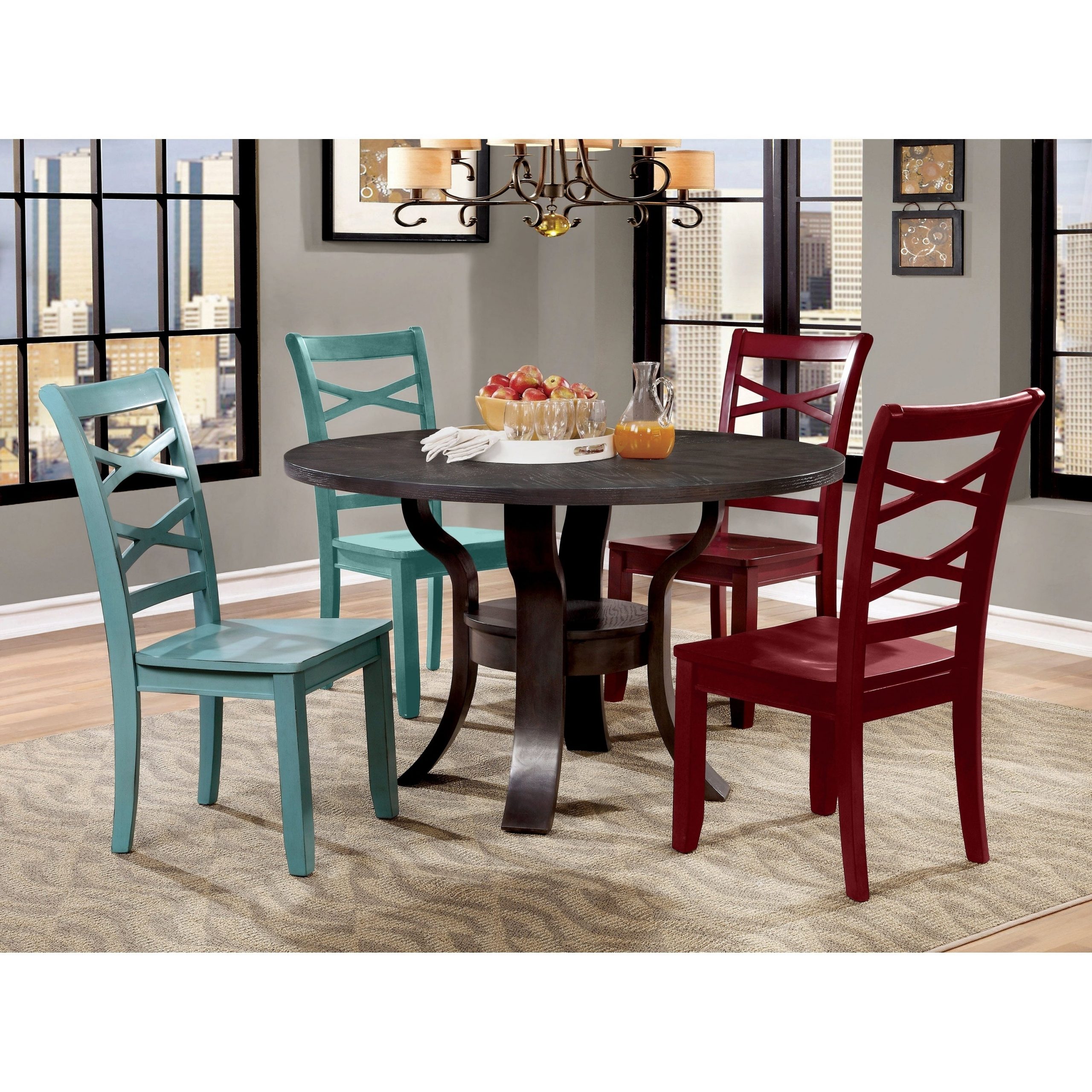 Furniture Of America Russell Transitional 5 Piece Blue Red Chair Round Dining Table Set in size 3000 X 3000