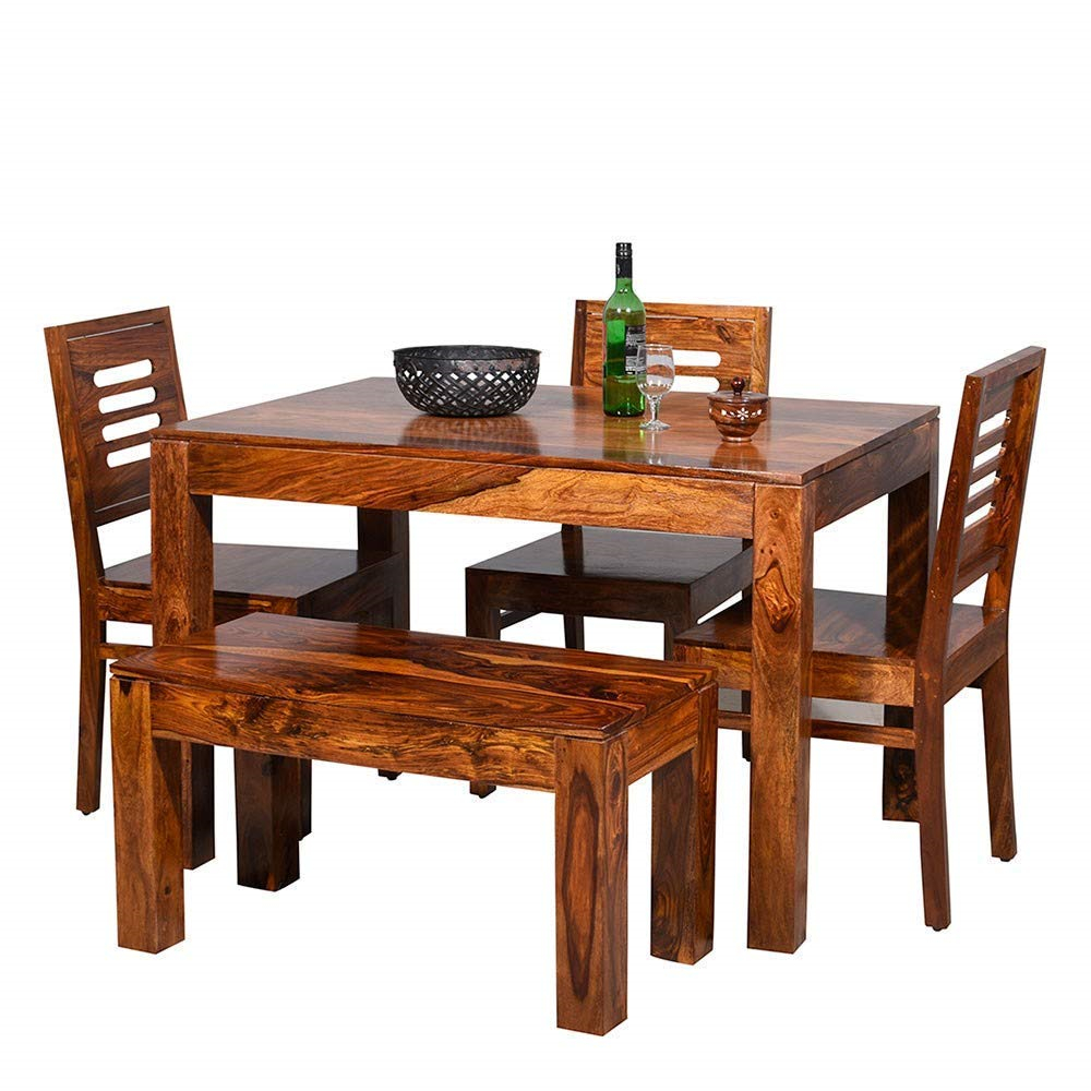 Furniture World Sheesham Wooden Dining Table 4 Seater Dining Table Set With 3 Chairs 1 Bench Home Dining Room Furniture Honey Finish inside sizing 1000 X 1000