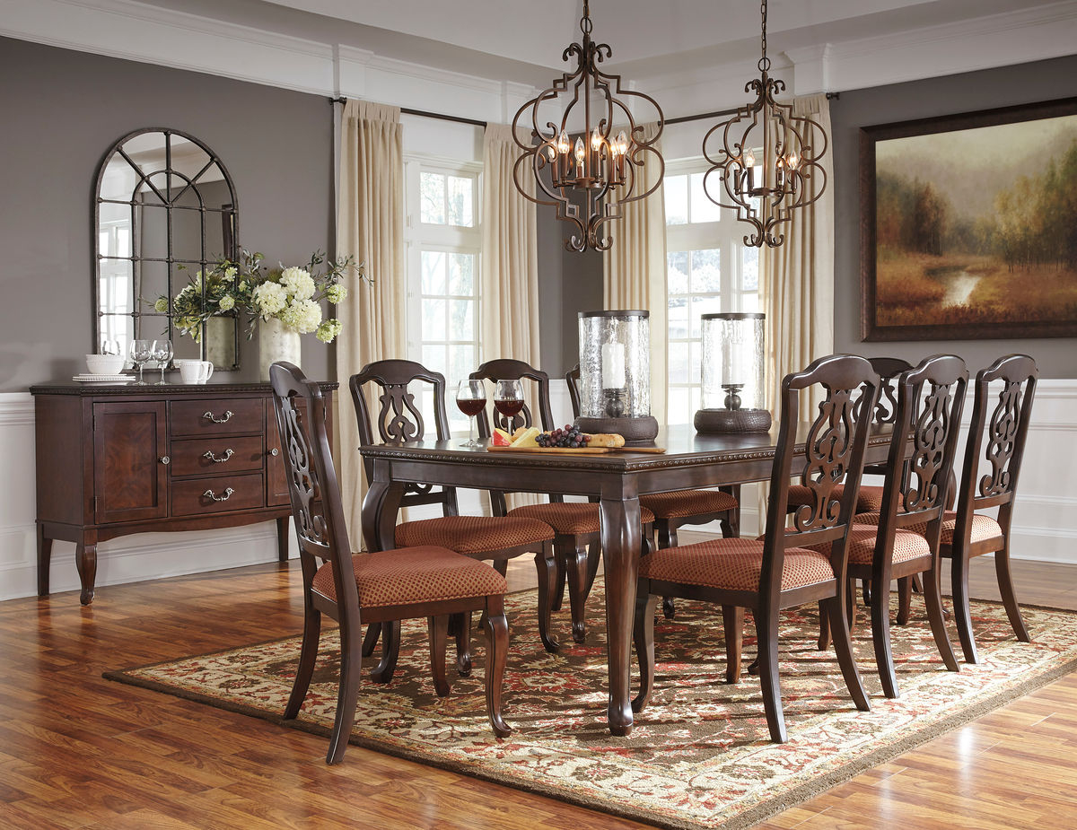 Gladdenville Brown 12 Pc Rect Drm Ext Table 8 Uph Side Chairs Server 2 Kanab Pendant Lights pertaining to dimensions 1200 X 925
