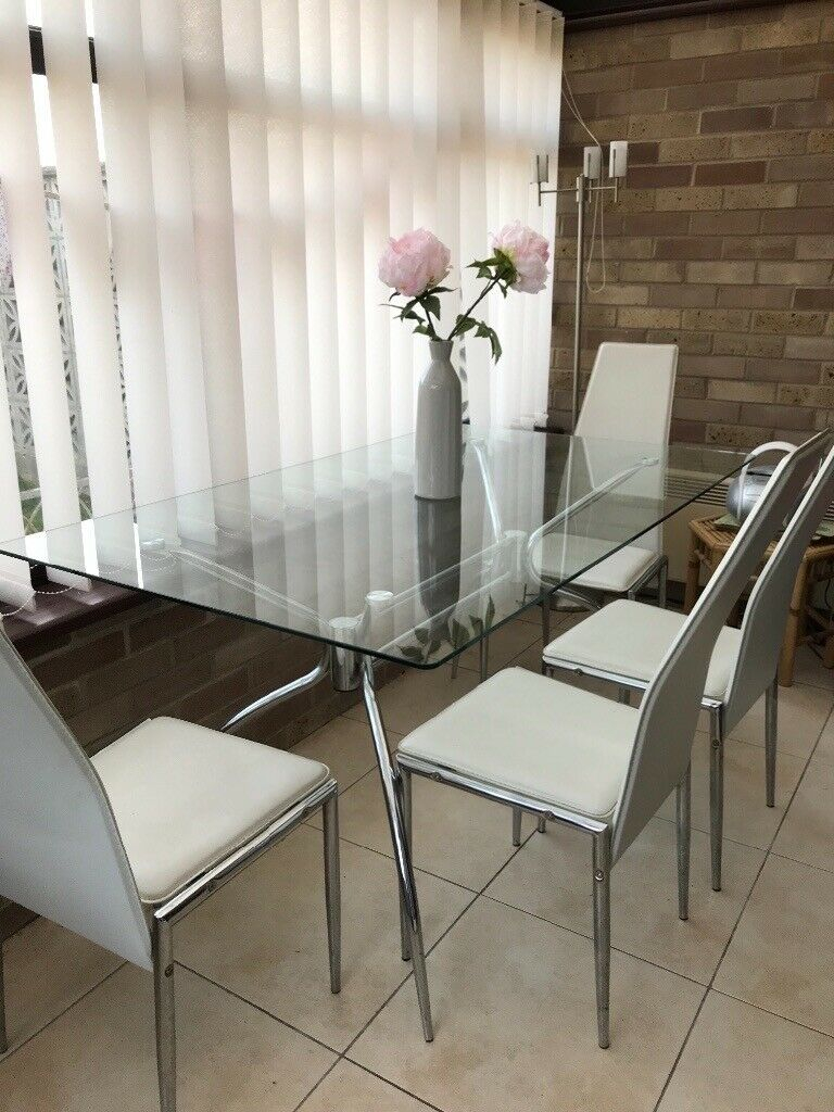 Glass Dining Table And 4 Faux Cream Leather Chairs With Chrome Legs Table 5ft X 3ft In Swadlincote Dershire Gumtree pertaining to sizing 768 X 1024