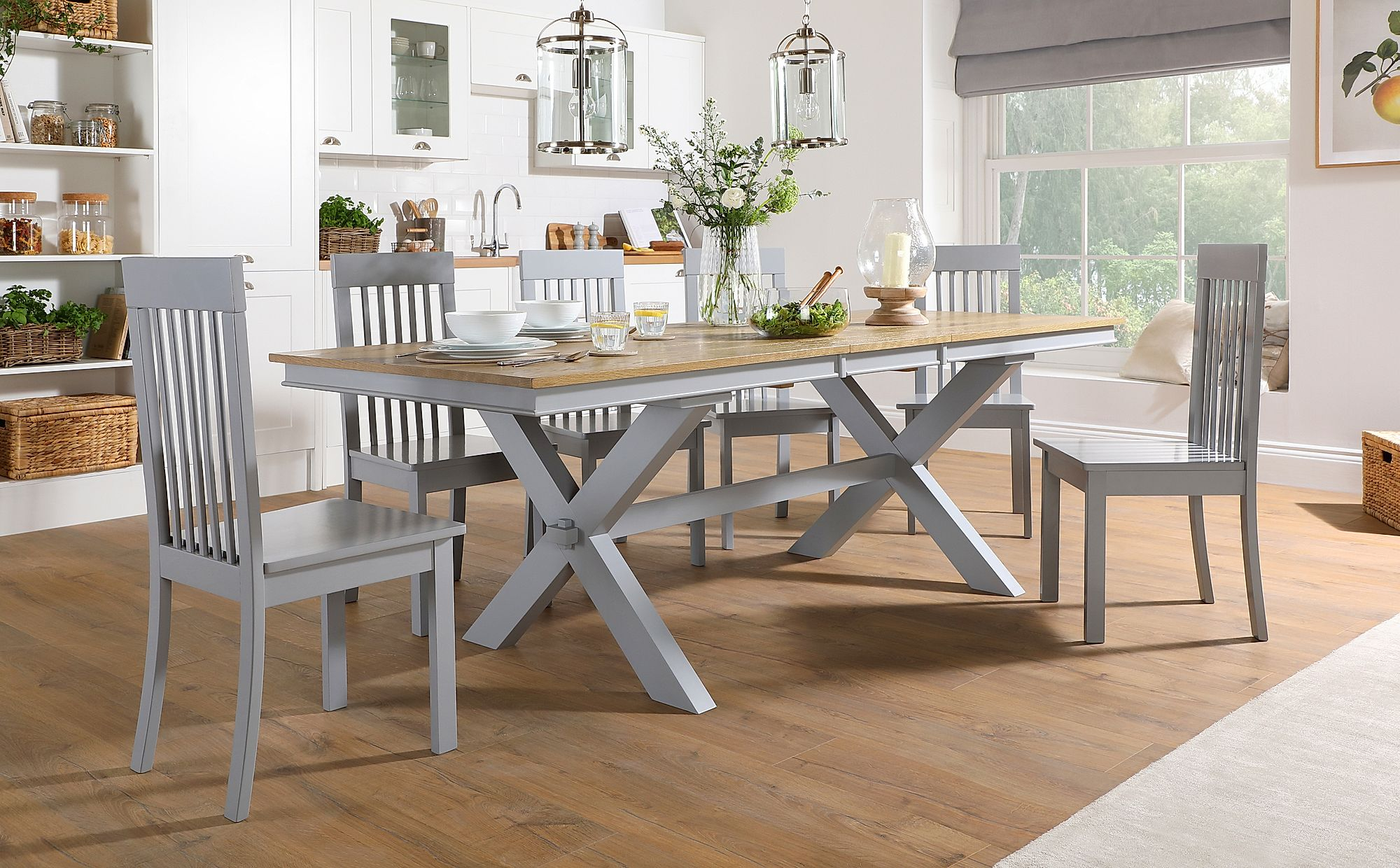 Grange Painted Grey And Oak Extending Dining Table With 8 Oxford Grey Chairs pertaining to dimensions 2000 X 1240