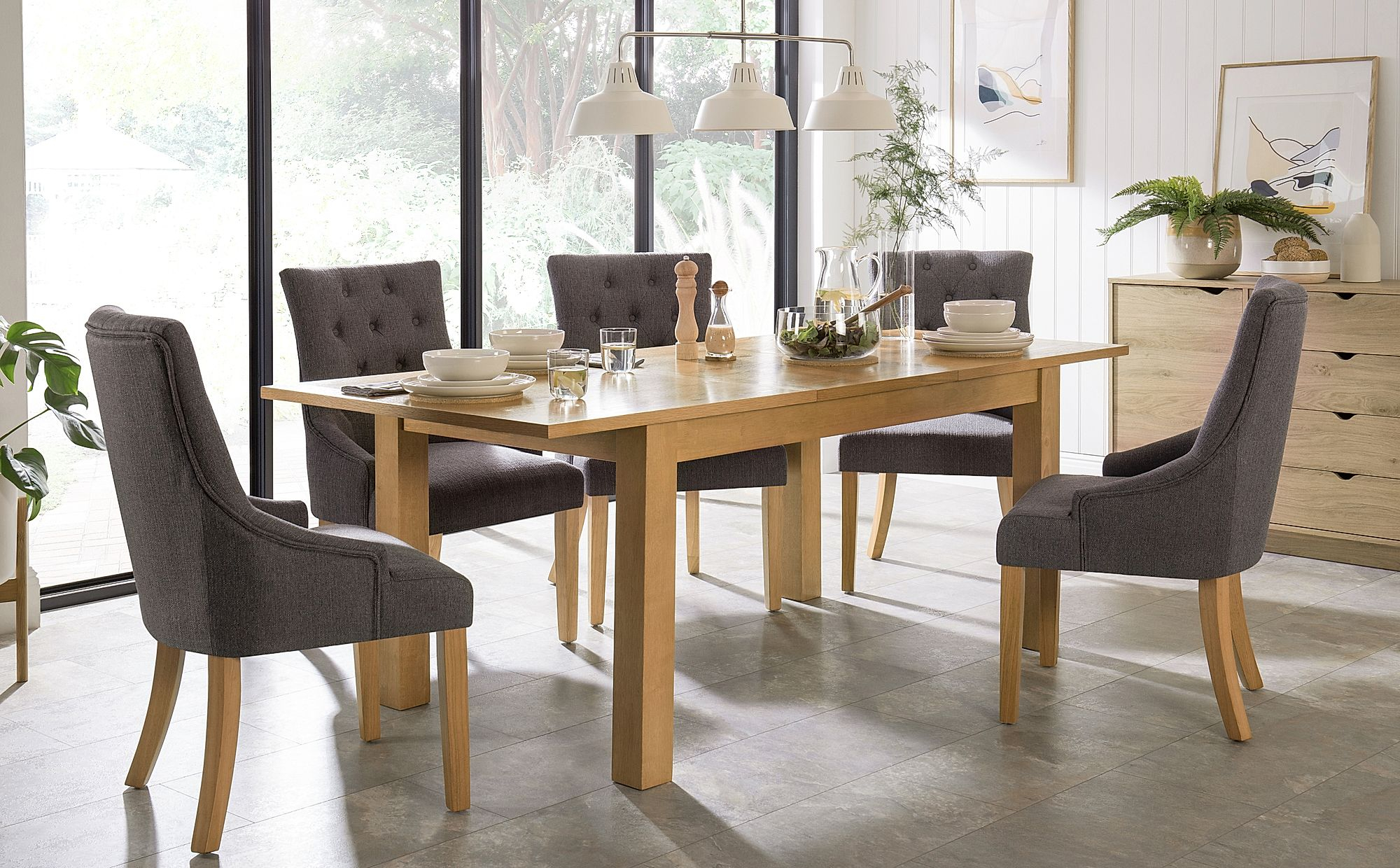 Hamilton 150 200cm Oak Extending Dining Table With 4 Duke Slate Fabric Chairs with regard to measurements 2000 X 1240