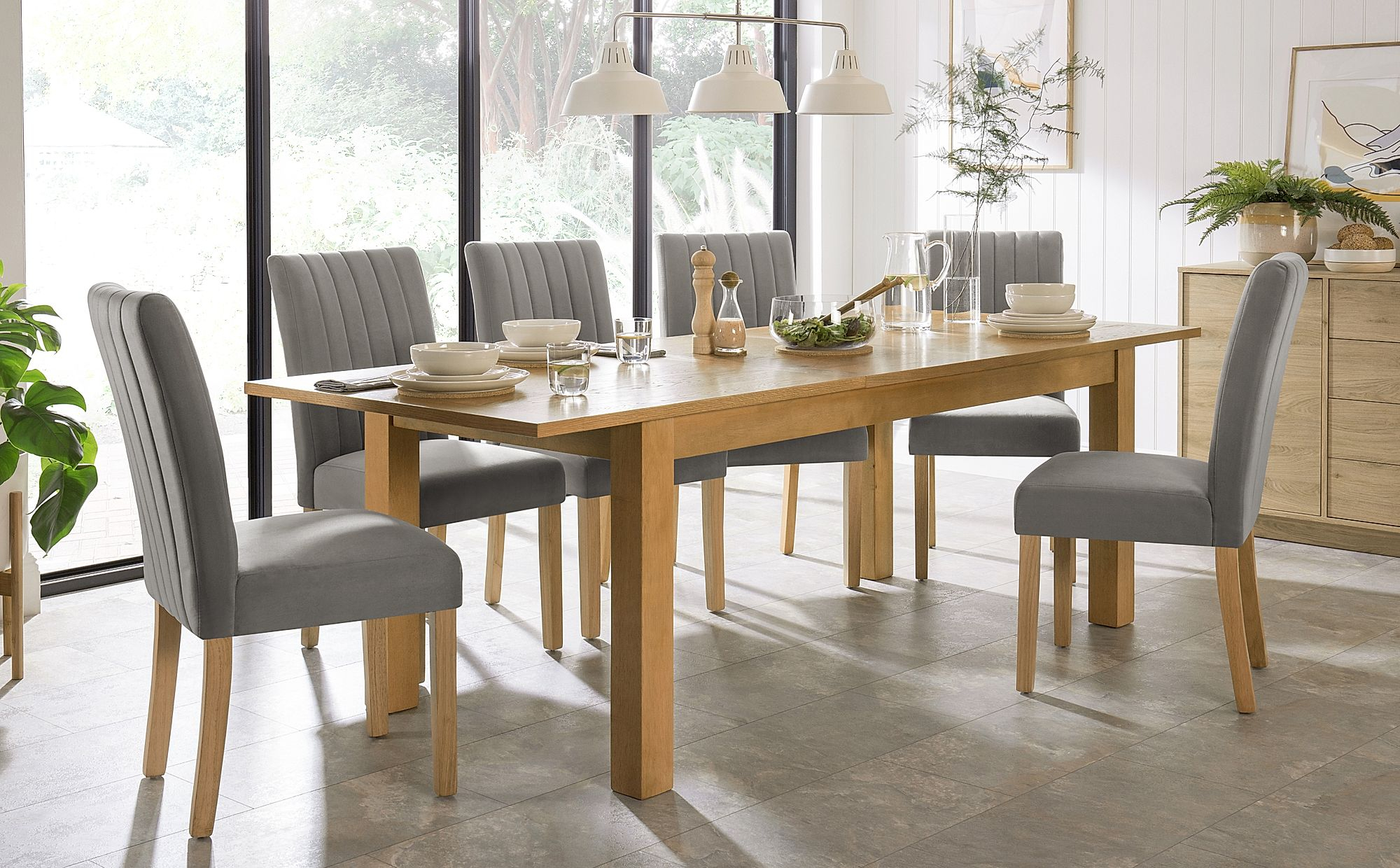 Hamilton 180 230cm Oak Extending Dining Table With 6 Salisbury Grey Velvet Chairs intended for sizing 2000 X 1240