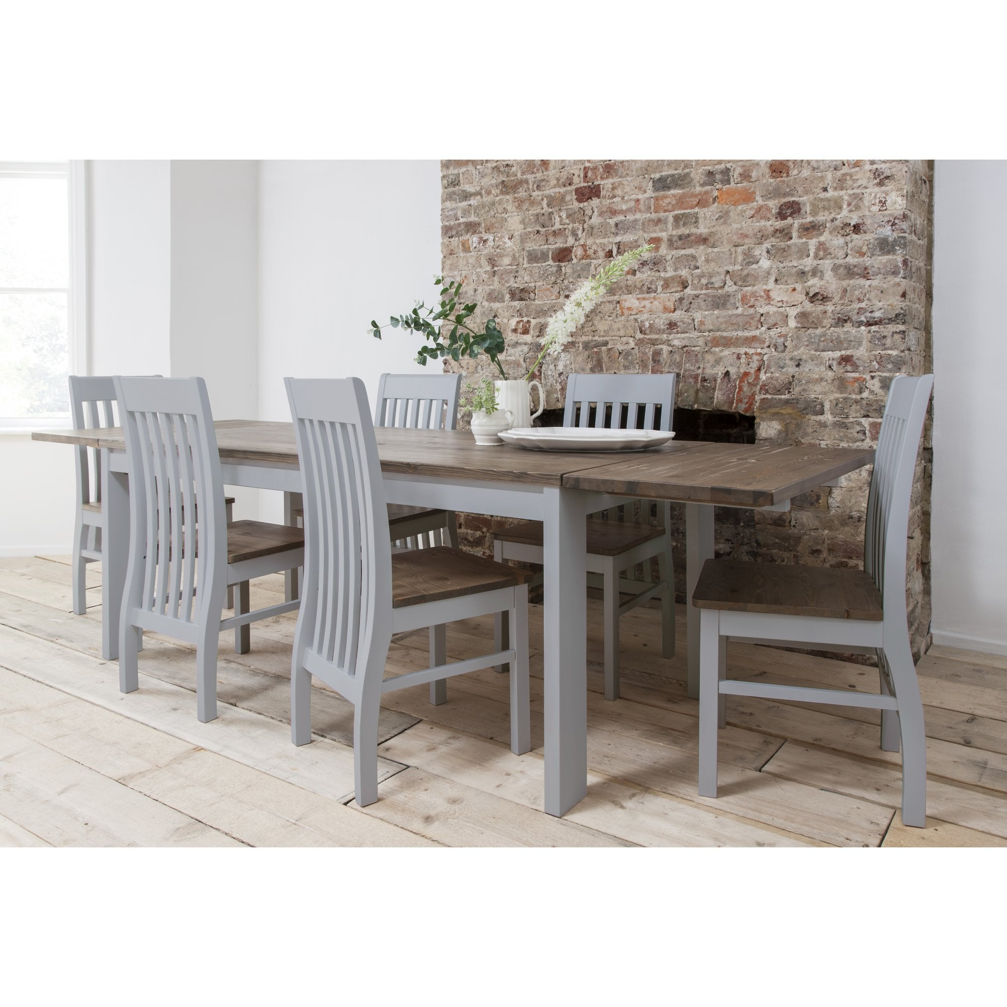 Hever Dining Table With 6 Chairs 2 Extensions In Grey And Dark Pine with regard to proportions 2000 X 2000