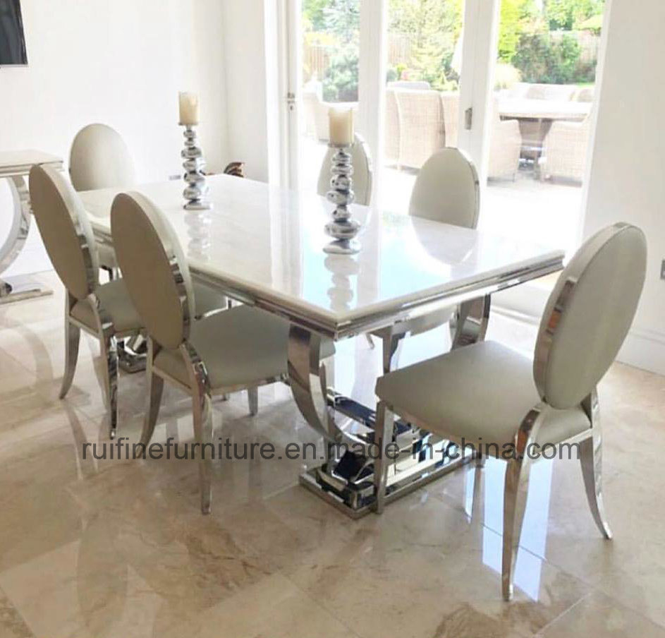 Hot Item Modern 2 Meter 8 Seater Chrome Stainless Steel Base Ivory Cream Arianna Grey Solid Marble Dining Table in measurements 943 X 904