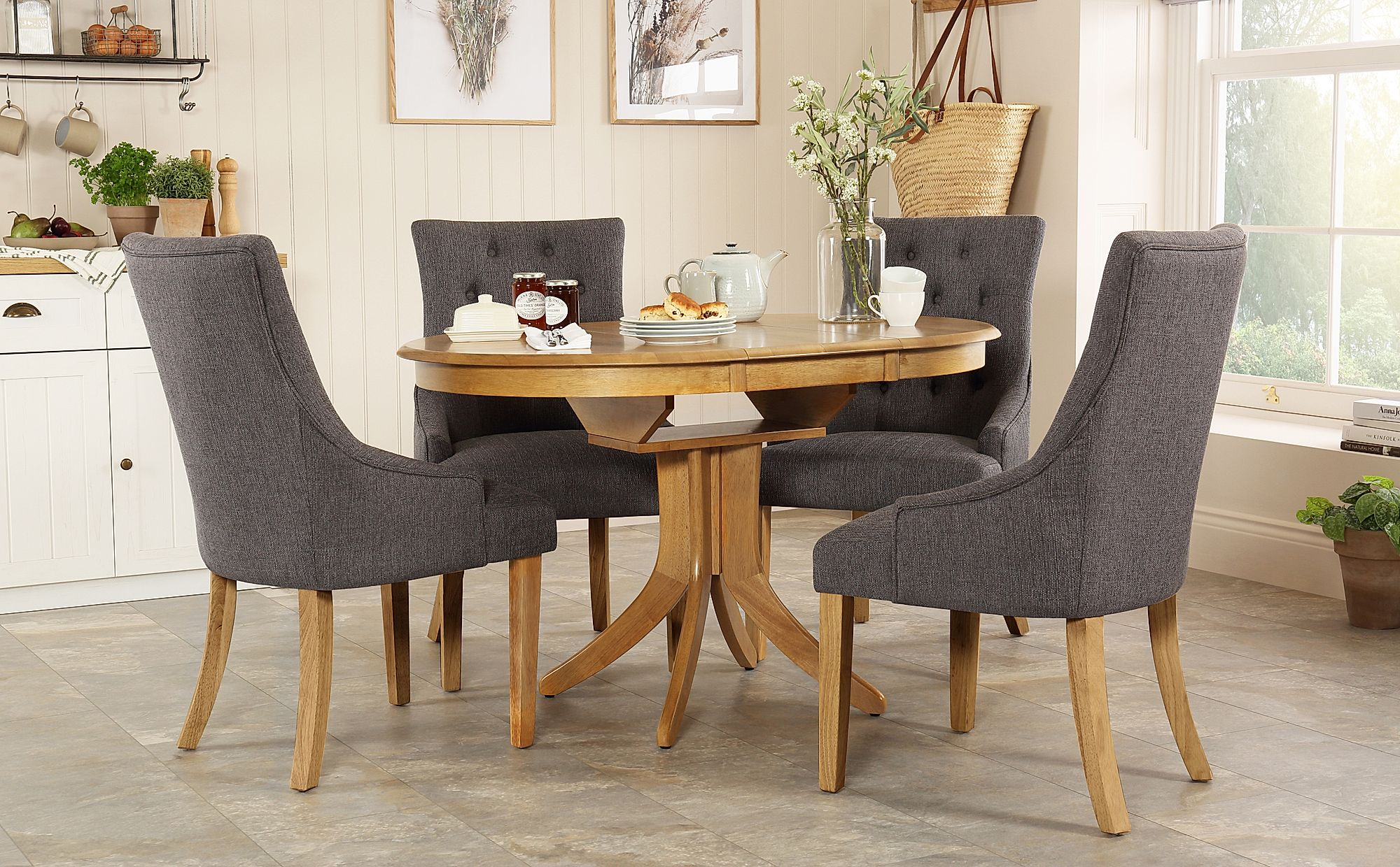 Hudson Round Oak Extending Dining Table With 4 Duke Slate Chairs with proportions 2000 X 1240