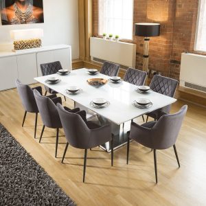 Huge 8 Seater Dining Set 22mt White Glass Top Table 8 Carver Grey Chairs regarding proportions 900 X 900