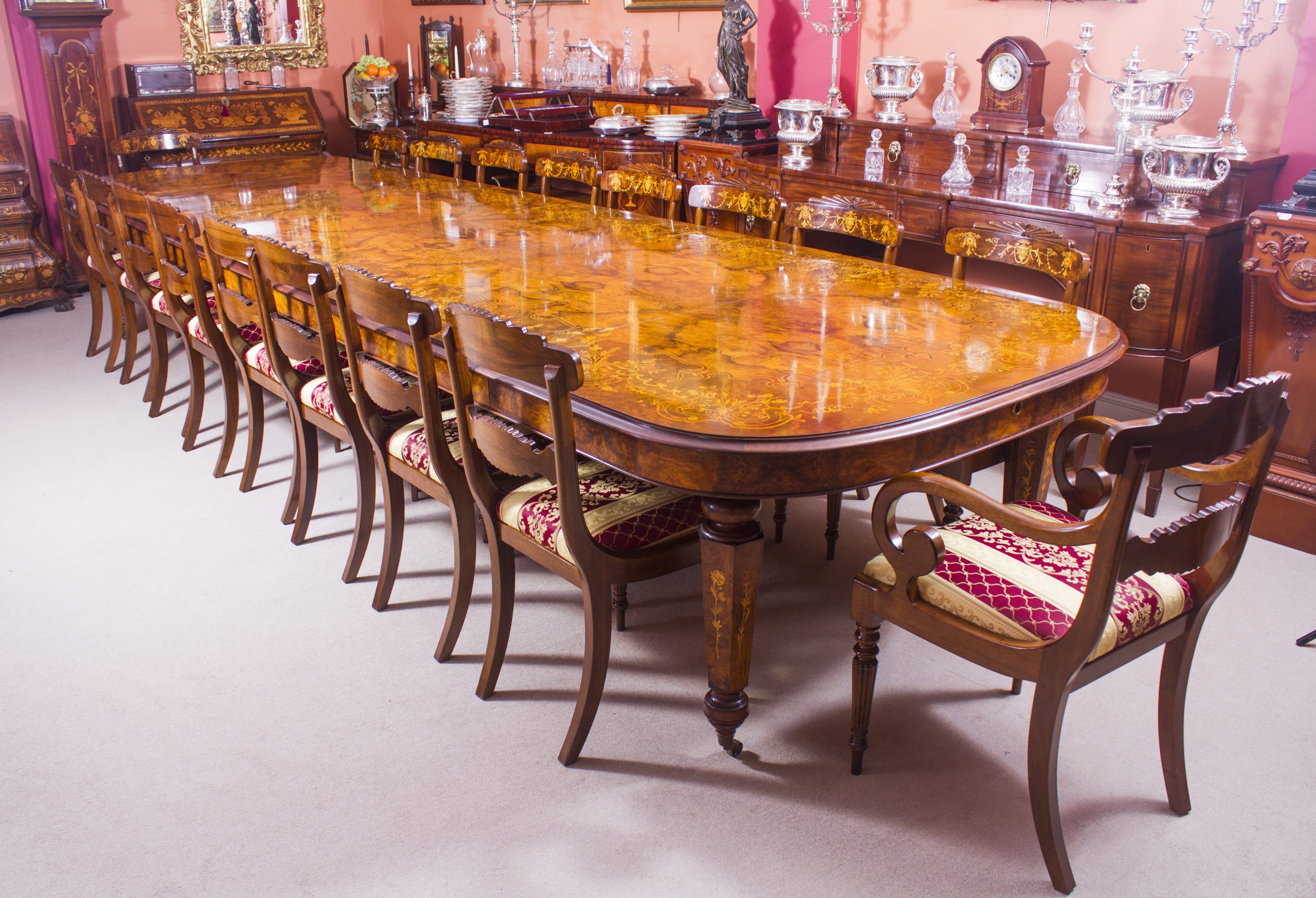 Huge Bespoke Handmade Marquetry Burr Walnut Extending Dining Table 18 Chairs intended for proportions 5045 X 3443