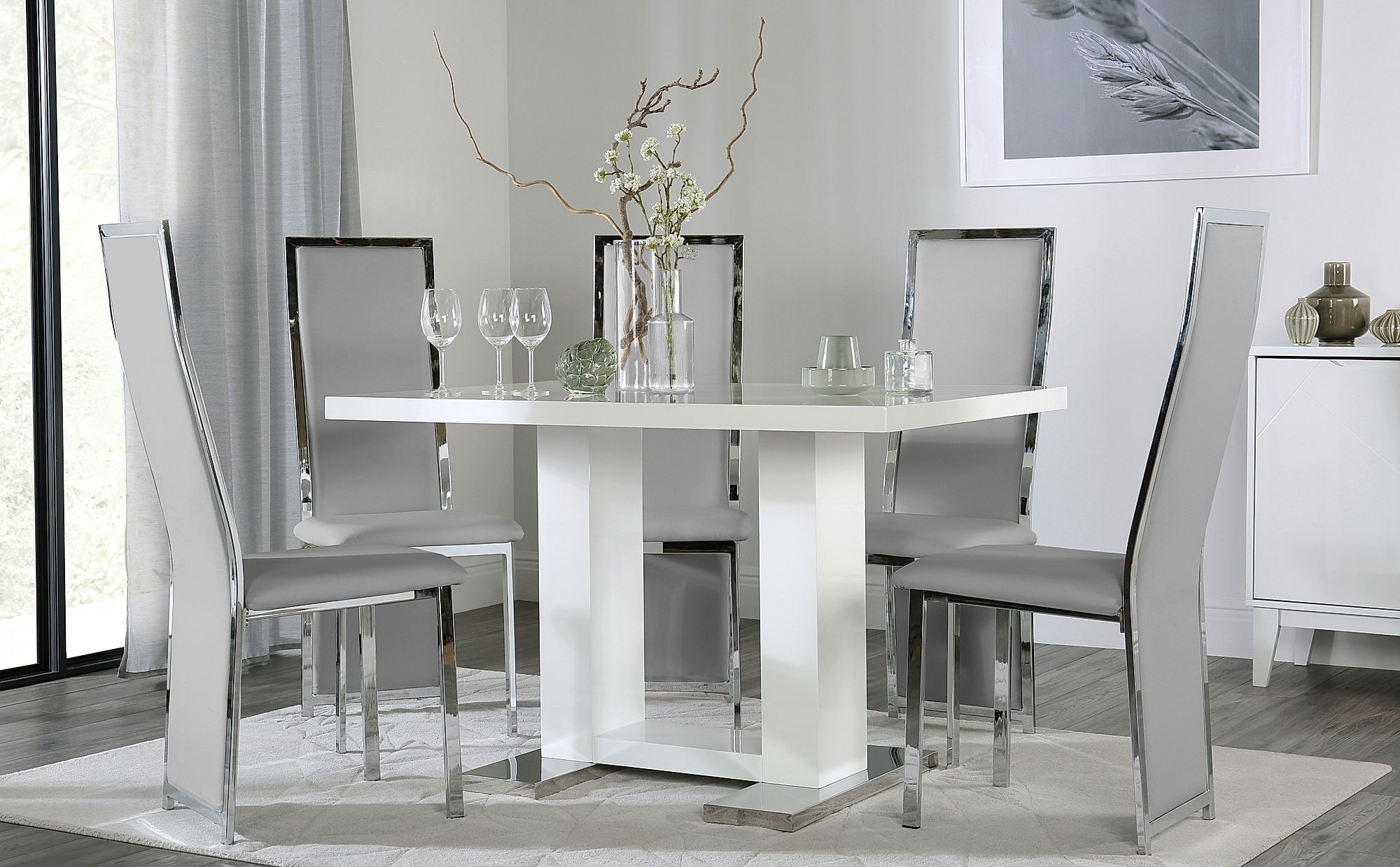 Joule White High Gloss Dining Table With 4 Celeste Light Grey Leather Chairs pertaining to sizing 2000 X 1240