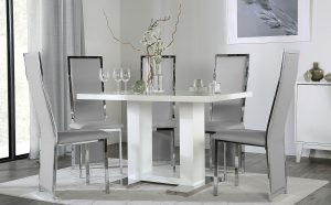 Joule White High Gloss Dining Table With 4 Celeste Light Grey Leather Chairs with proportions 2000 X 1240