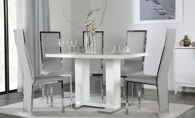 Joule White High Gloss Dining Table With 4 Celeste Light Grey Leather Chairs with proportions 2000 X 1240