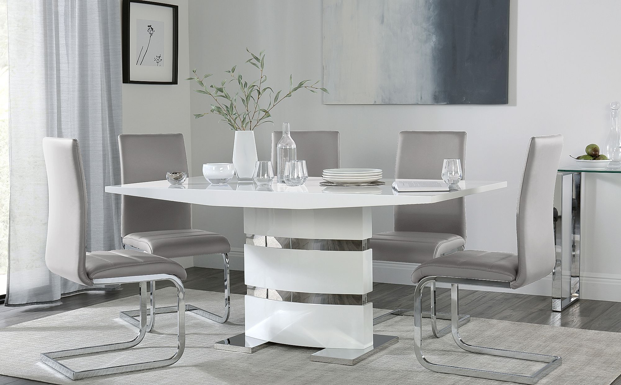 Komoro White High Gloss Dining Table With 6 Perth Light Grey Leather Chairs intended for sizing 2000 X 1242