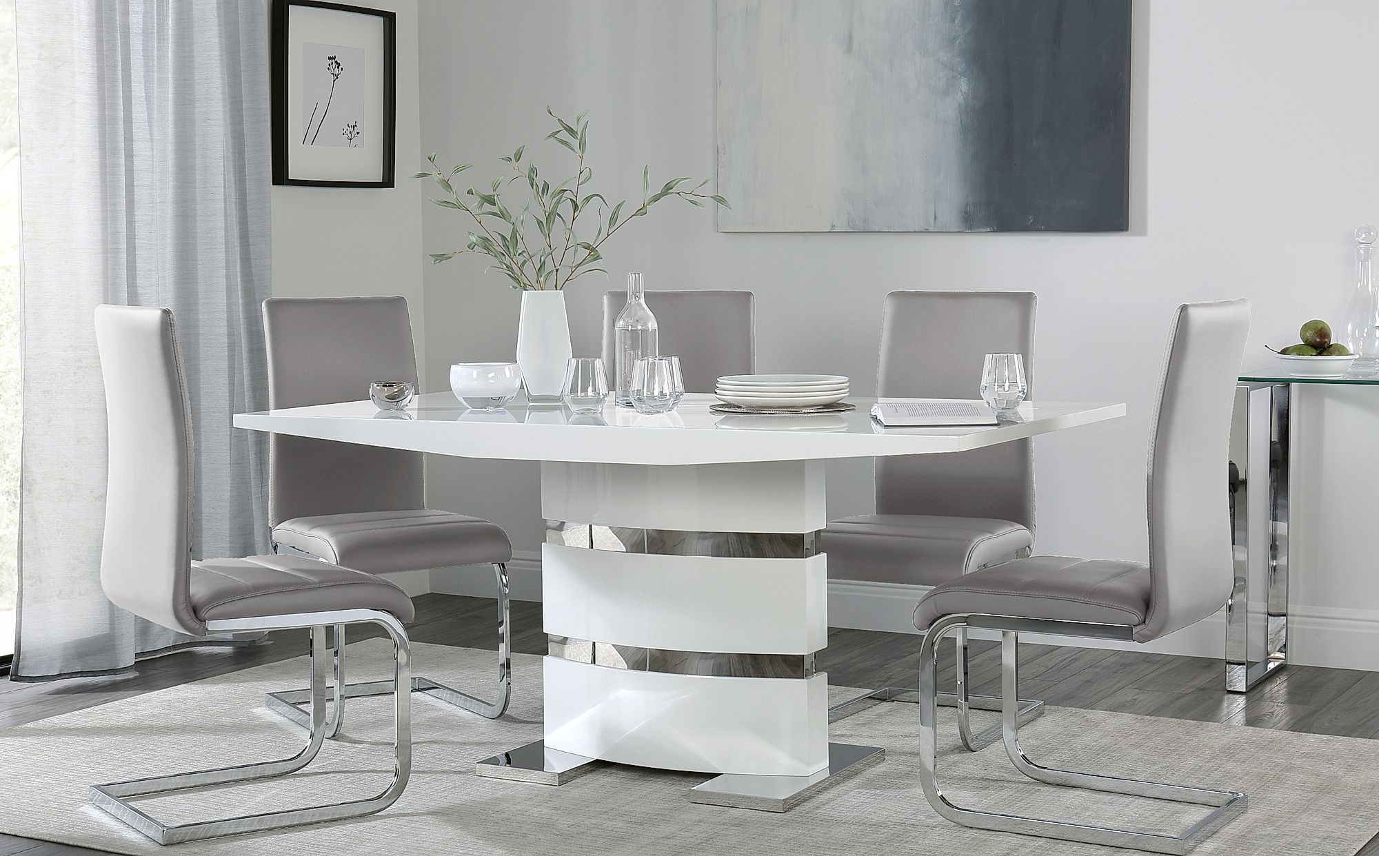 Komoro White High Gloss Dining Table With 6 Perth Light Grey Leather Chairs pertaining to measurements 2000 X 1242