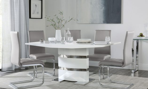 Komoro White High Gloss Dining Table With 6 Perth Light Grey Leather Chairs with sizing 2000 X 1242