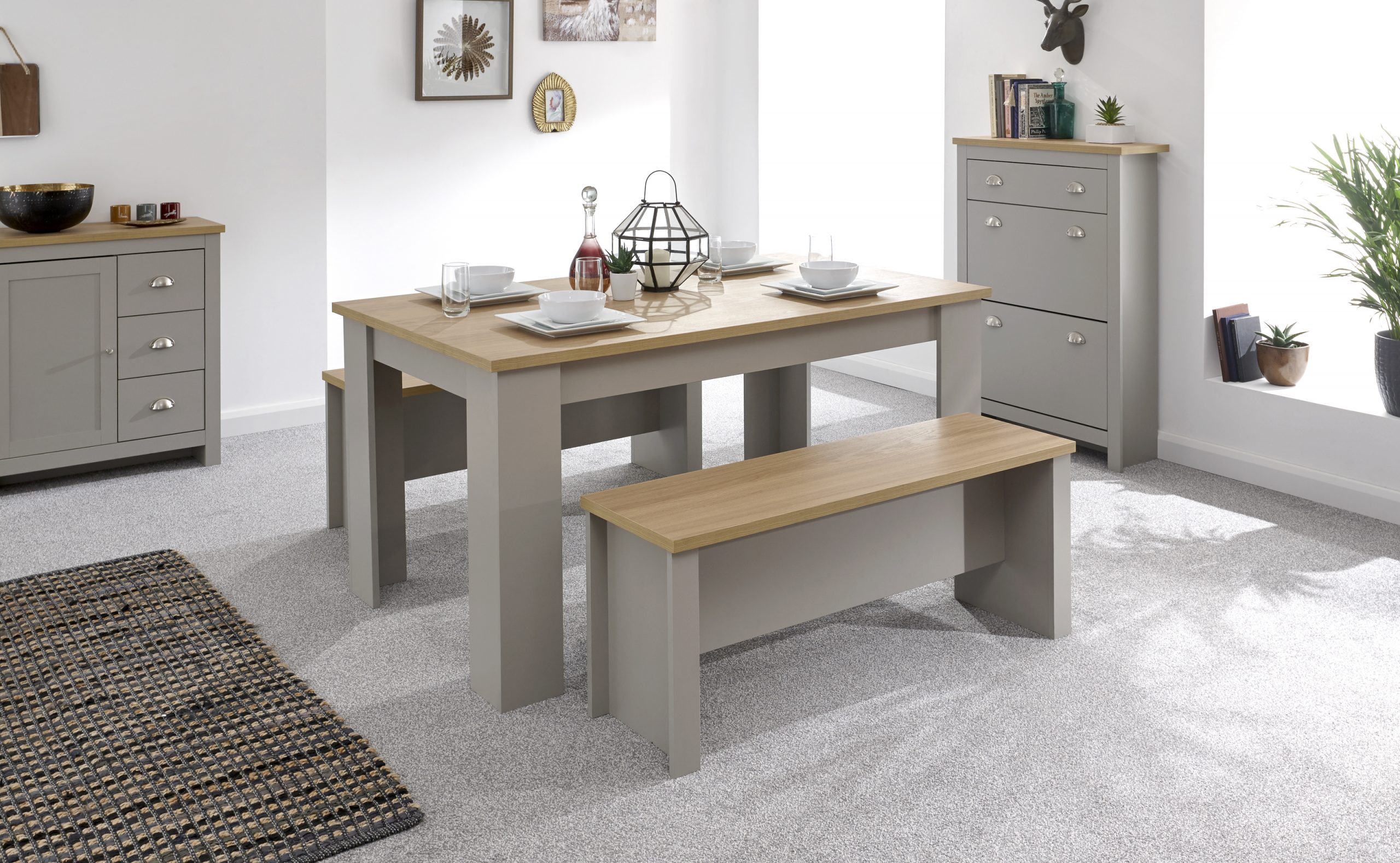 Lancaster Dining Table Benches Set 150cm Grey regarding proportions 3200 X 1972