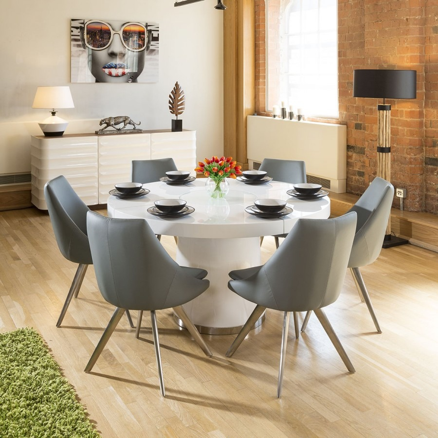 Large 14 Round White Gloss Dining Table 6 Mid Grey Modern Chairs regarding measurements 900 X 900